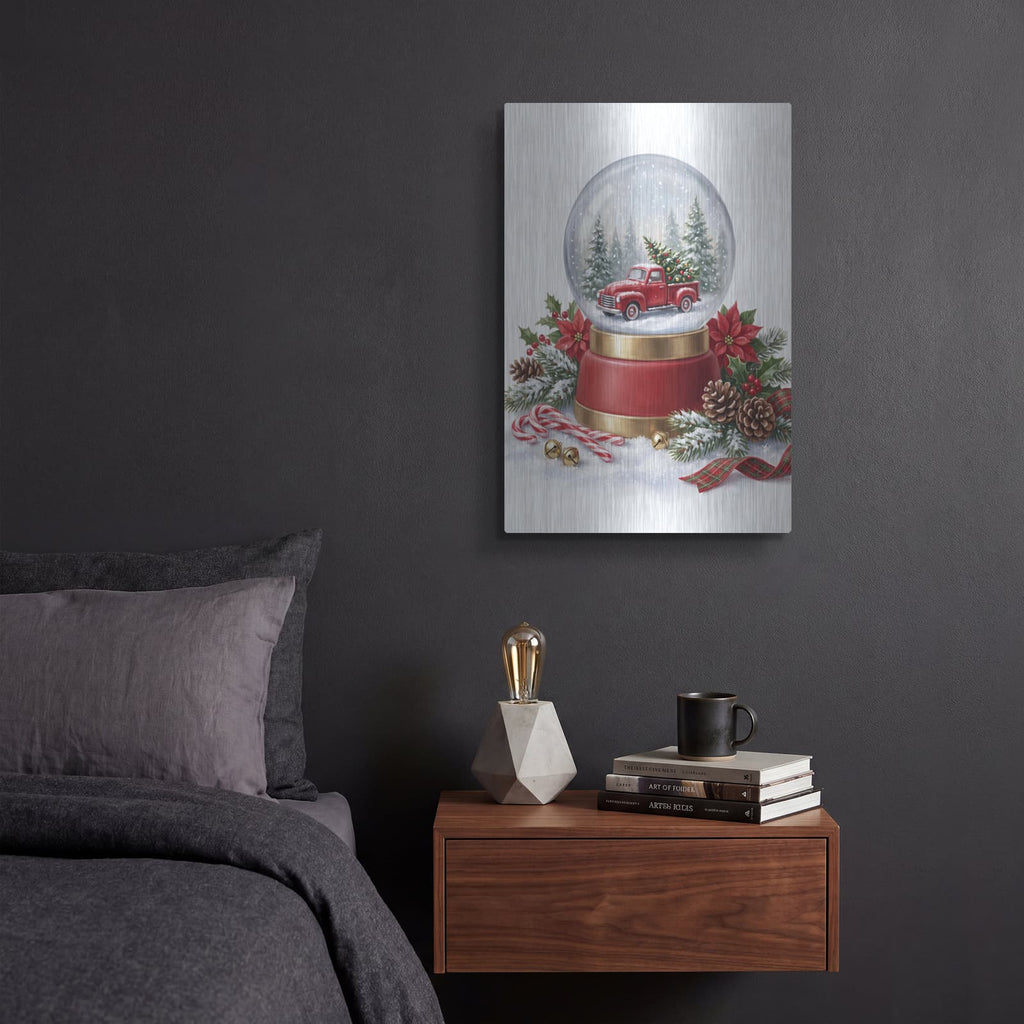 'Snow Globe Christmas Truck in the Snow' by Veve – Metal Wall Art, 12x16 room view