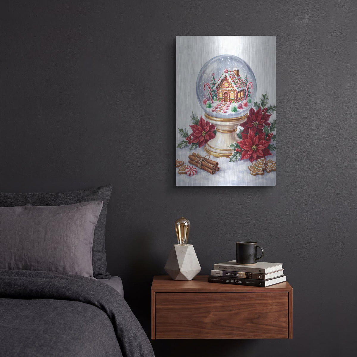 'Snow Globe Gingerbread House Wonderland' by Veve – Metal Wall Art, 12x16 room view
