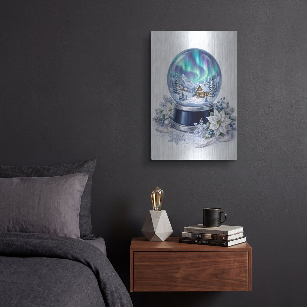 'Snow Globe Northern Lights Christmas' by Veve – Metal Wall Art, 12x16 room view