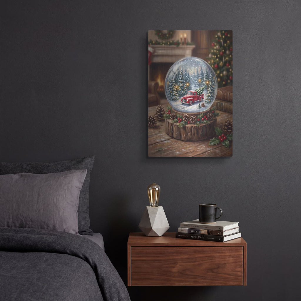 'Snow Globe Red Christmas Truck' by Veve – Metal Wall Art, 12x16 room view