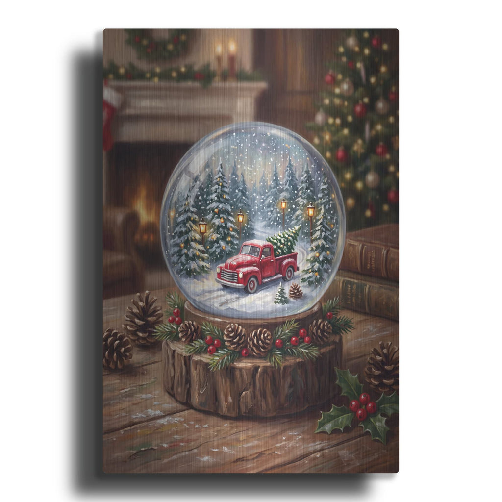 'Snow Globe Red Christmas Truck' by Veve – Metal Wall Art