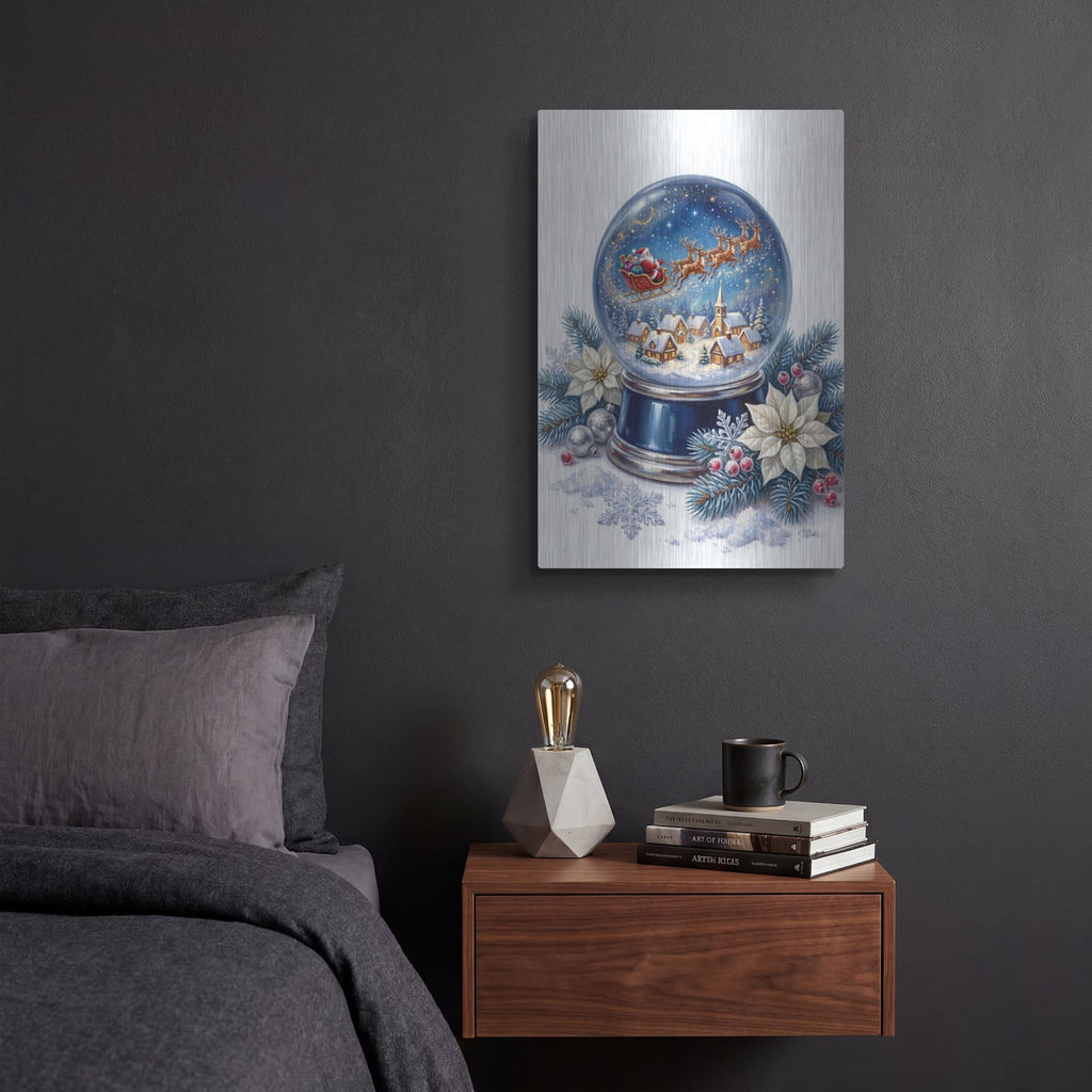 'Snow Globe Santa’s Christmas Eve Flight' by Veve – Metal Wall Art, 12x16 room view
