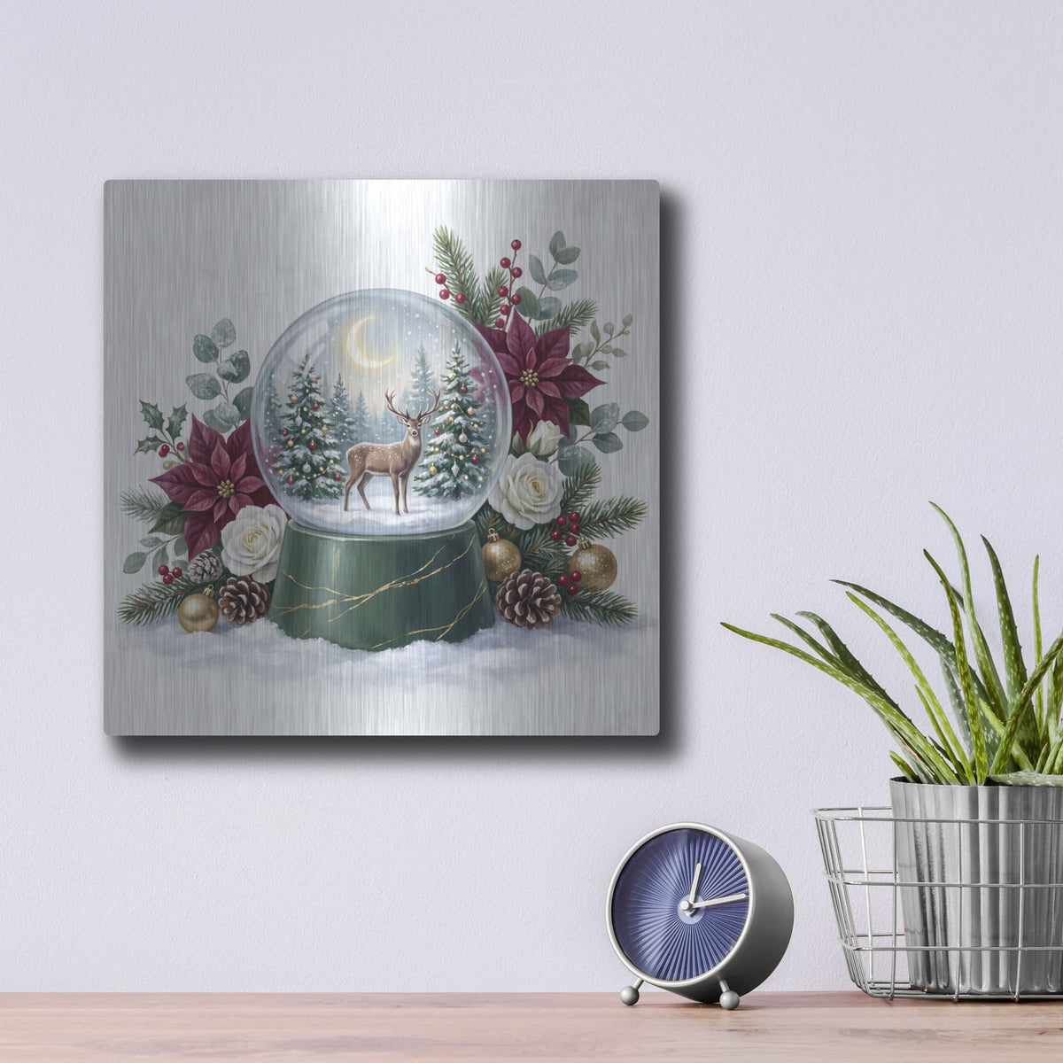 'Snow Globe Woodland Deer Christmas' by Veve – Metal Wall Art, 12x12 room view