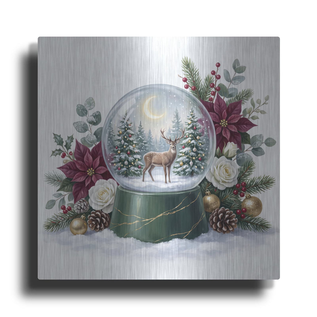 'Snow Globe Woodland Deer Christmas' by Veve – Metal Wall Art