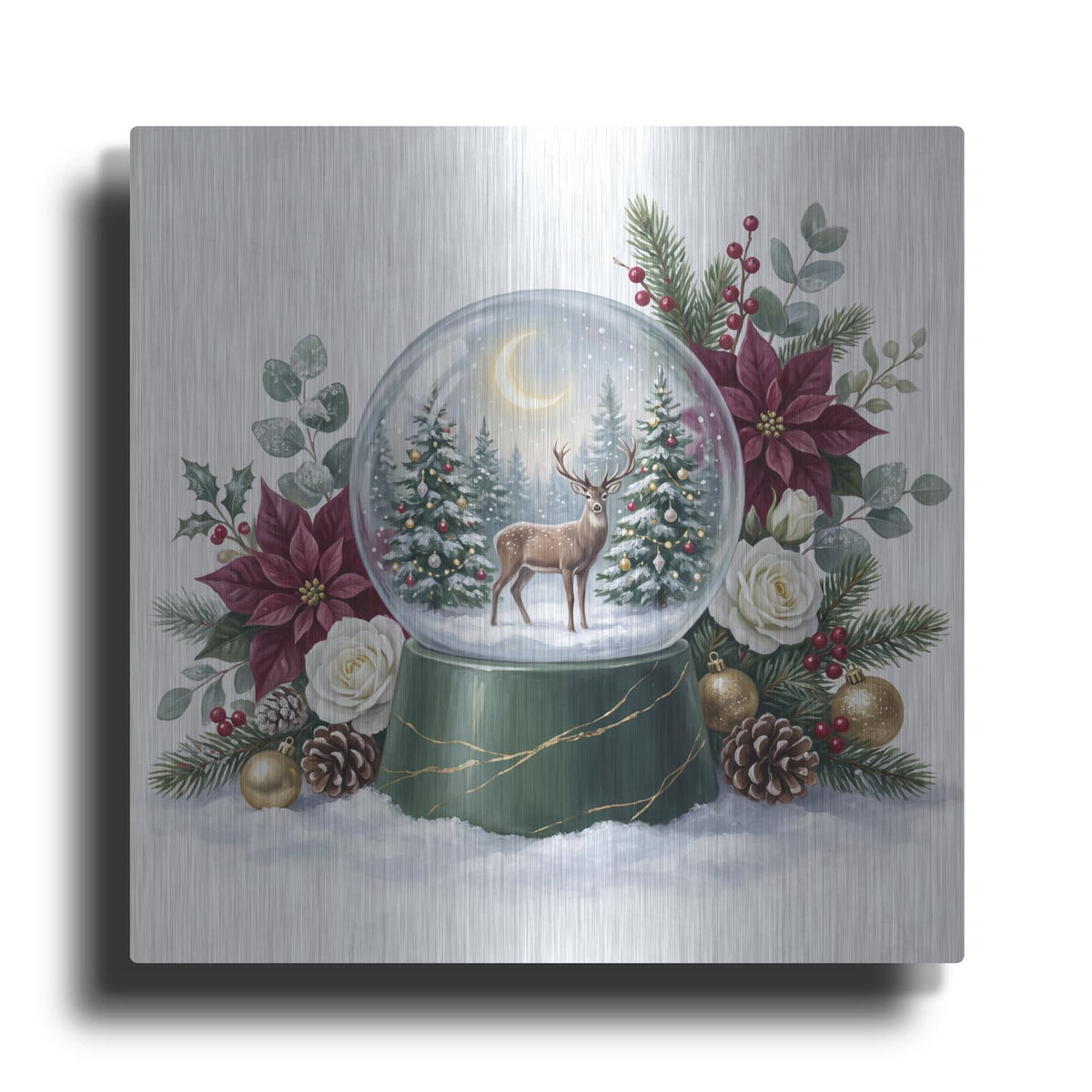 'Snow Globe Woodland Deer Christmas' by Veve – Metal Wall Art