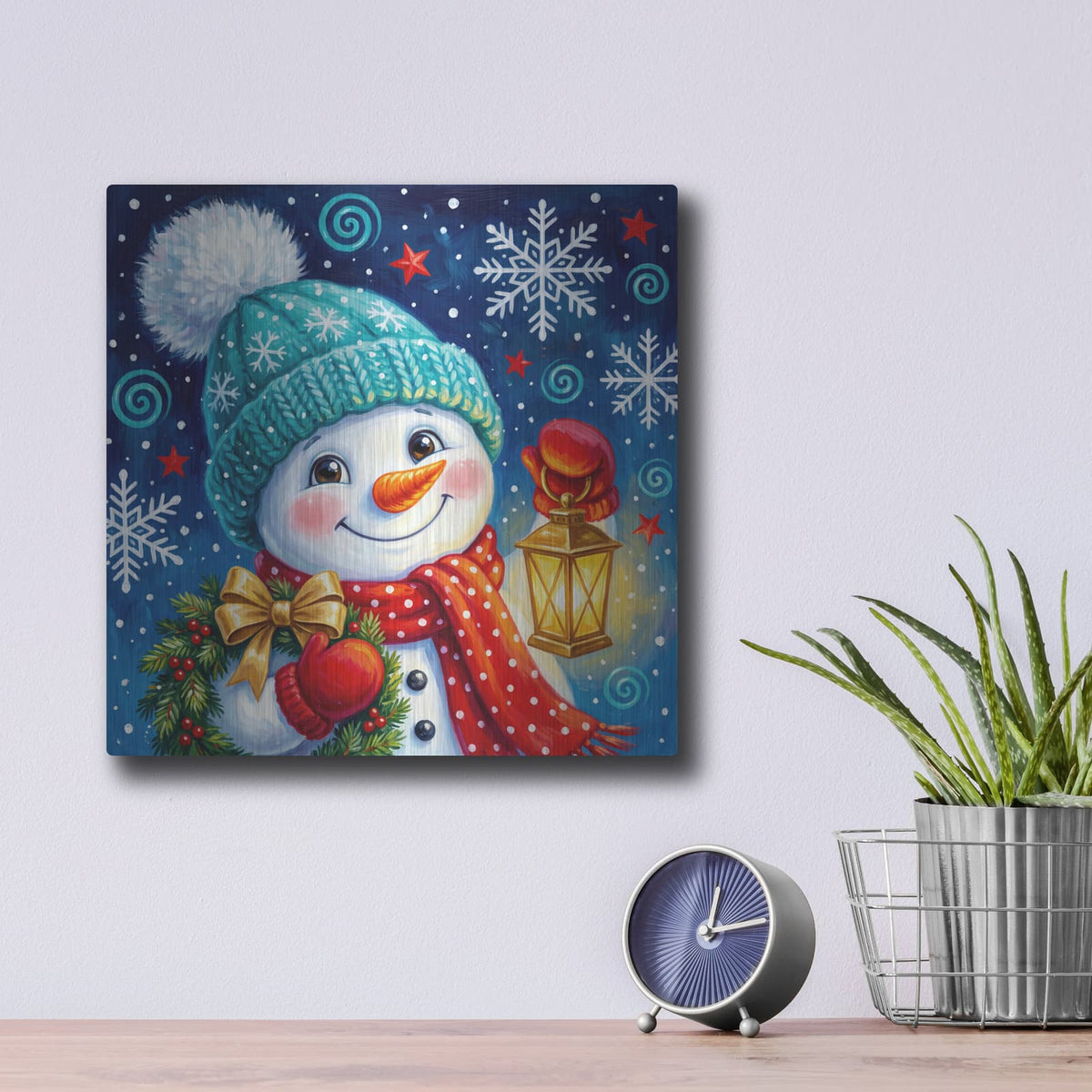 'Snowman's Lantern Glow' by Veve – Metal Wall Art, 12x12 room view