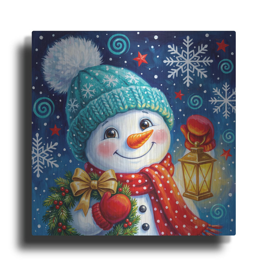 'Snowman's Lantern Glow' by Veve – Metal Wall Art