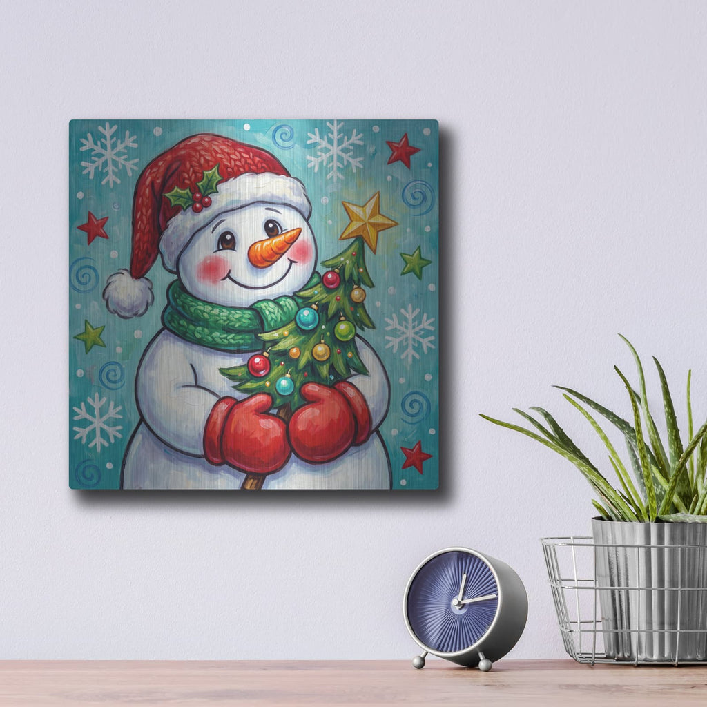'Snowman's Merry Christmas Tree' by Veve – Metal Wall Art, 12x12 room view