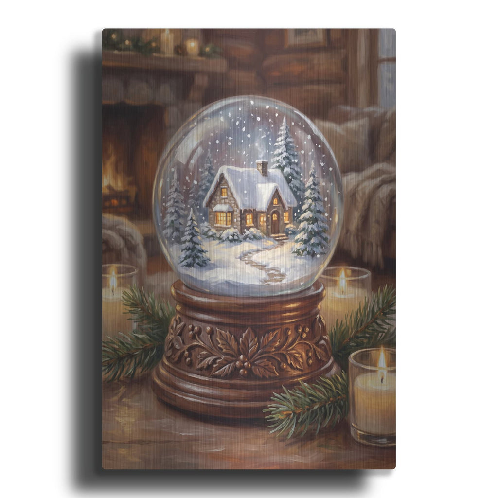 'Snowy Christmas Cottage Snow Globe' by Veve – Metal Wall Art
