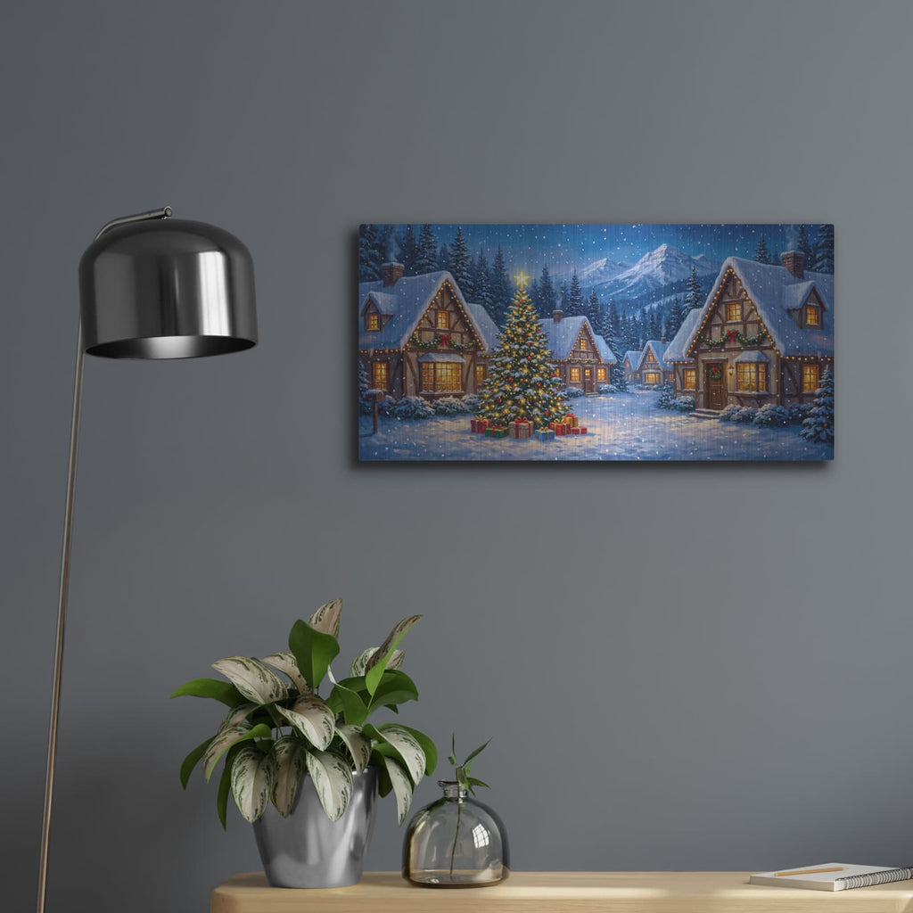 'Snowy Christmas Village Starlight Celebration' by Veve – Metal Wall Art, 24x12 room view