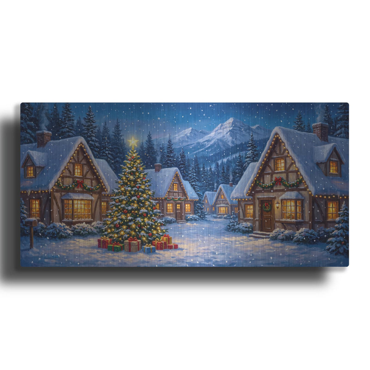 'Snowy Christmas Village Starlight Celebration' by Veve – Metal Wall Art