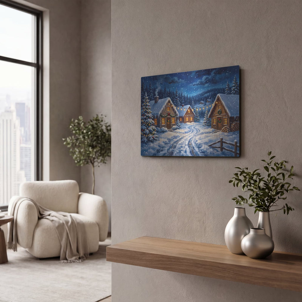 'Snowy Christmas Village' by Veve – Metal Wall Art, 16x12 room view