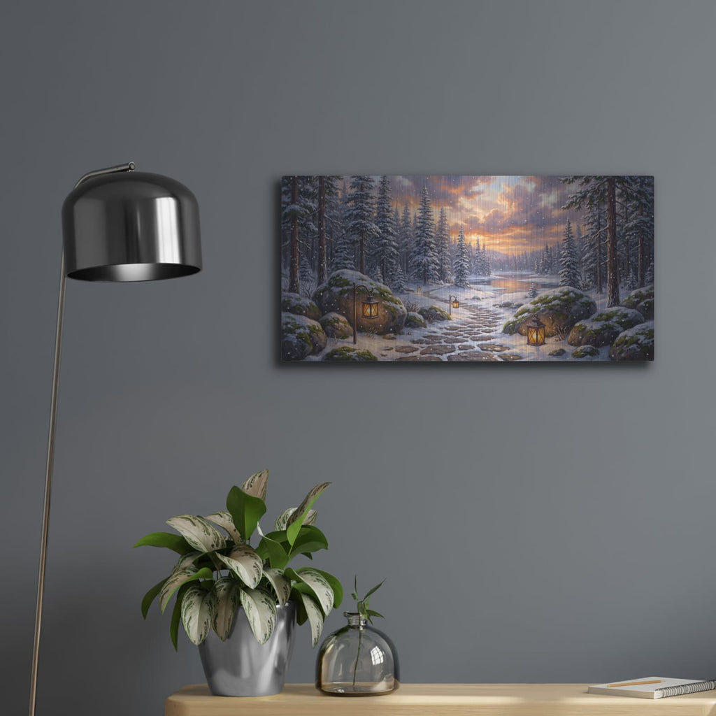 'Snowy Forest Path to Hidden Lake' by Veve – Metal Wall Art, 24x12 room view