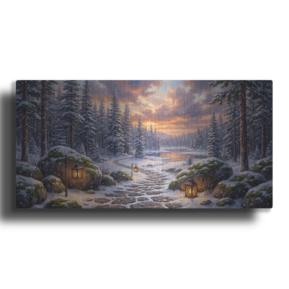 'Snowy Forest Path to Hidden Lake' by Veve – Metal Wall Art
