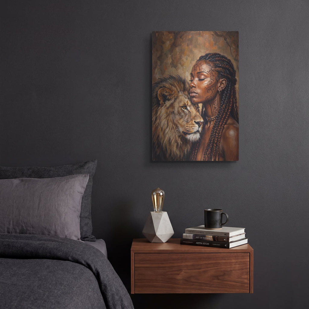 'Soul of the Lioness African Queen and Lion II' by Veve – Metal Wall Art, 12x16 room view