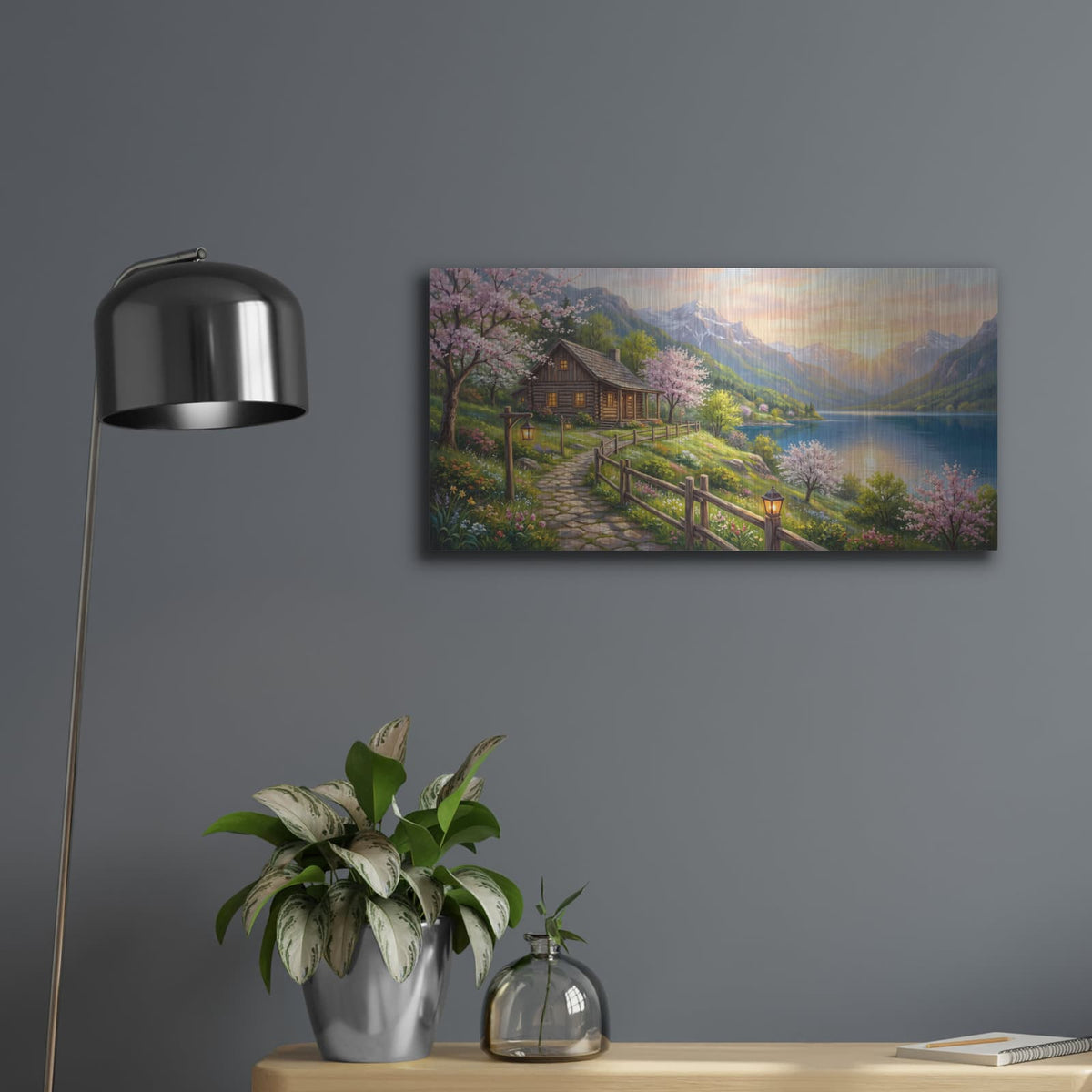 'Spring Mountain Lake Cabin Cherry Blossom Landscape' by Veve – Metal Wall Art, 24x12 room view