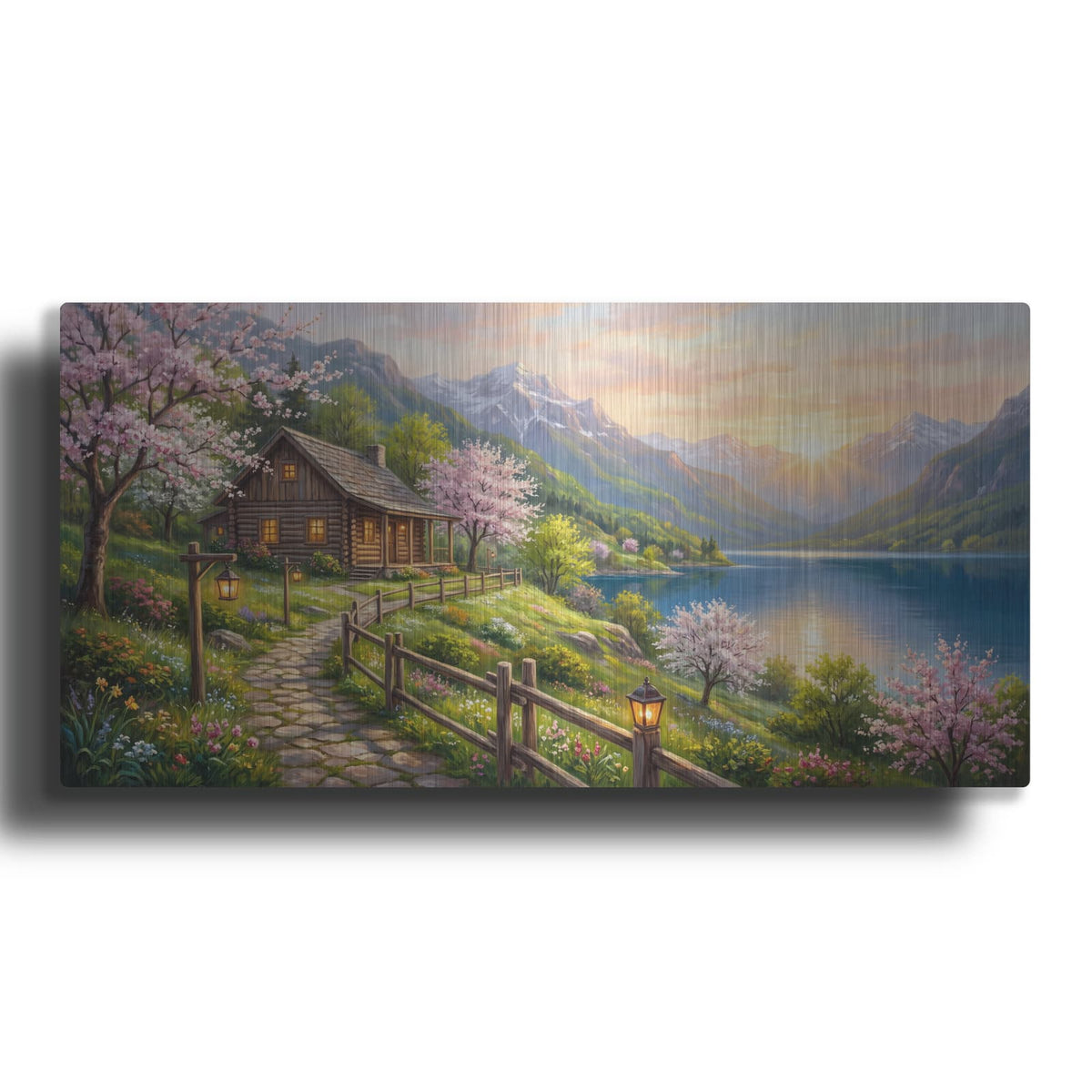 'Spring Mountain Lake Cabin Cherry Blossom Landscape' by Veve – Metal Wall Art