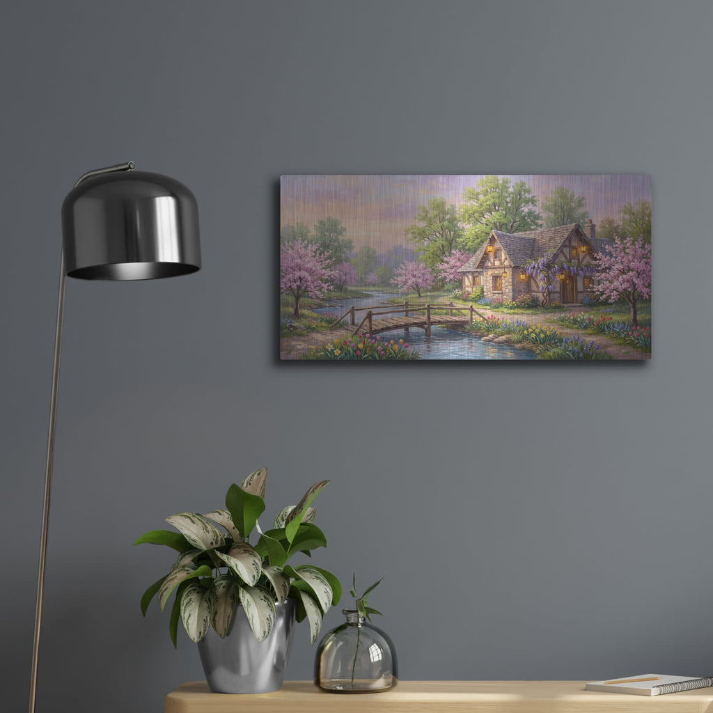 'Spring Riverside Cottage Cherry Blossom and Wisteria Painting' by Veve – Metal Wall Art, 24x12 room view