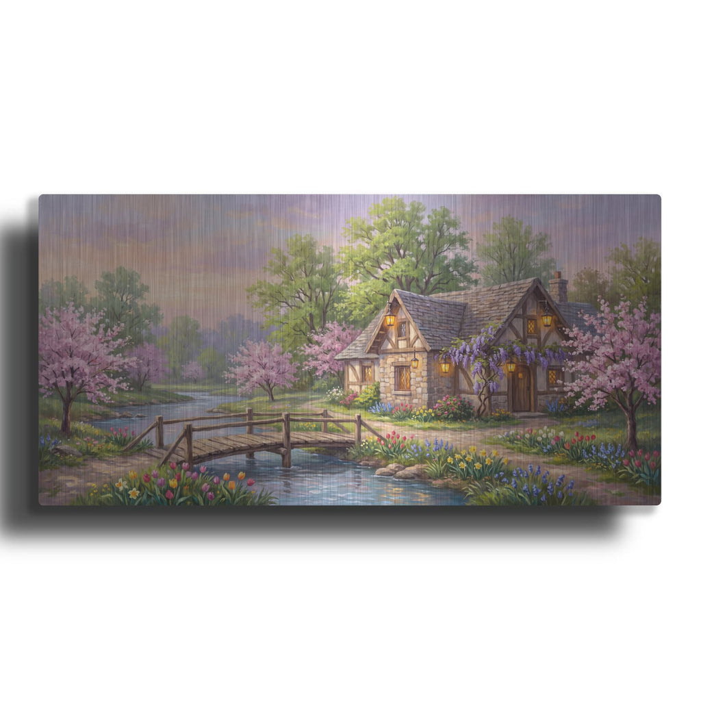 'Spring Riverside Cottage Cherry Blossom and Wisteria Painting' by Veve – Metal Wall Art