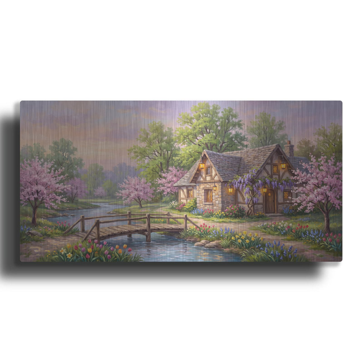 'Spring Riverside Cottage Cherry Blossom and Wisteria Painting' by Veve – Metal Wall Art