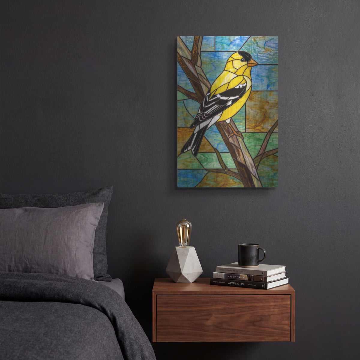 'Stained Glass Style American Goldfinch' by Veve – Metal Wall Art, 12x16 room view