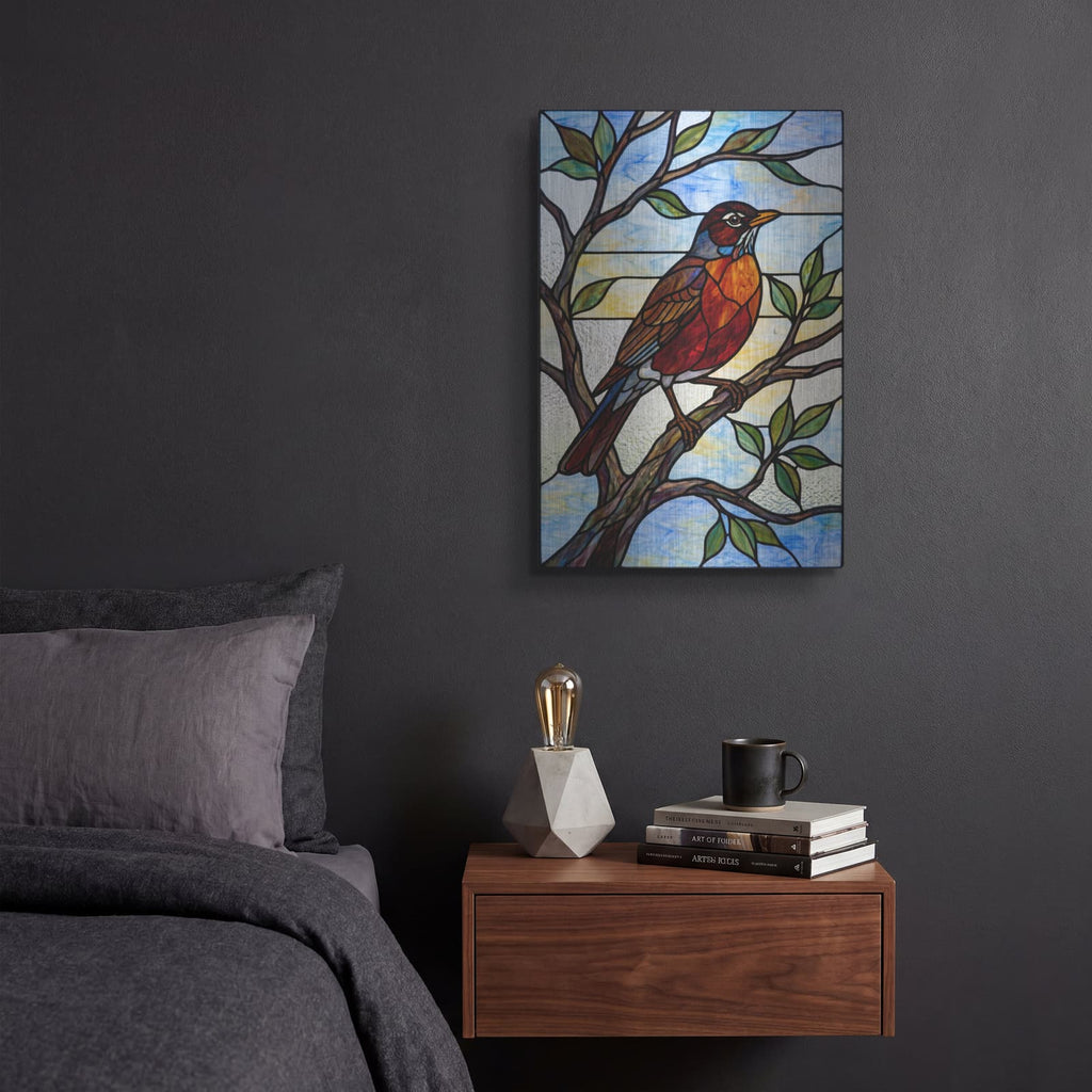 'Stained Glass Style American Robin' by Veve – Metal Wall Art, 12x16 room view