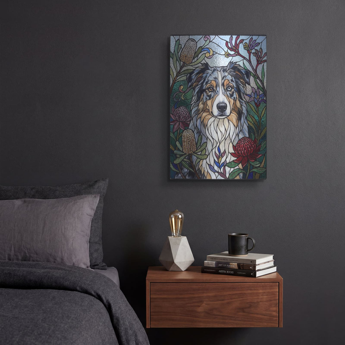 'Stained Glass Style Australian Shepherd' by Veve – Metal Wall Art, 12x16 room view