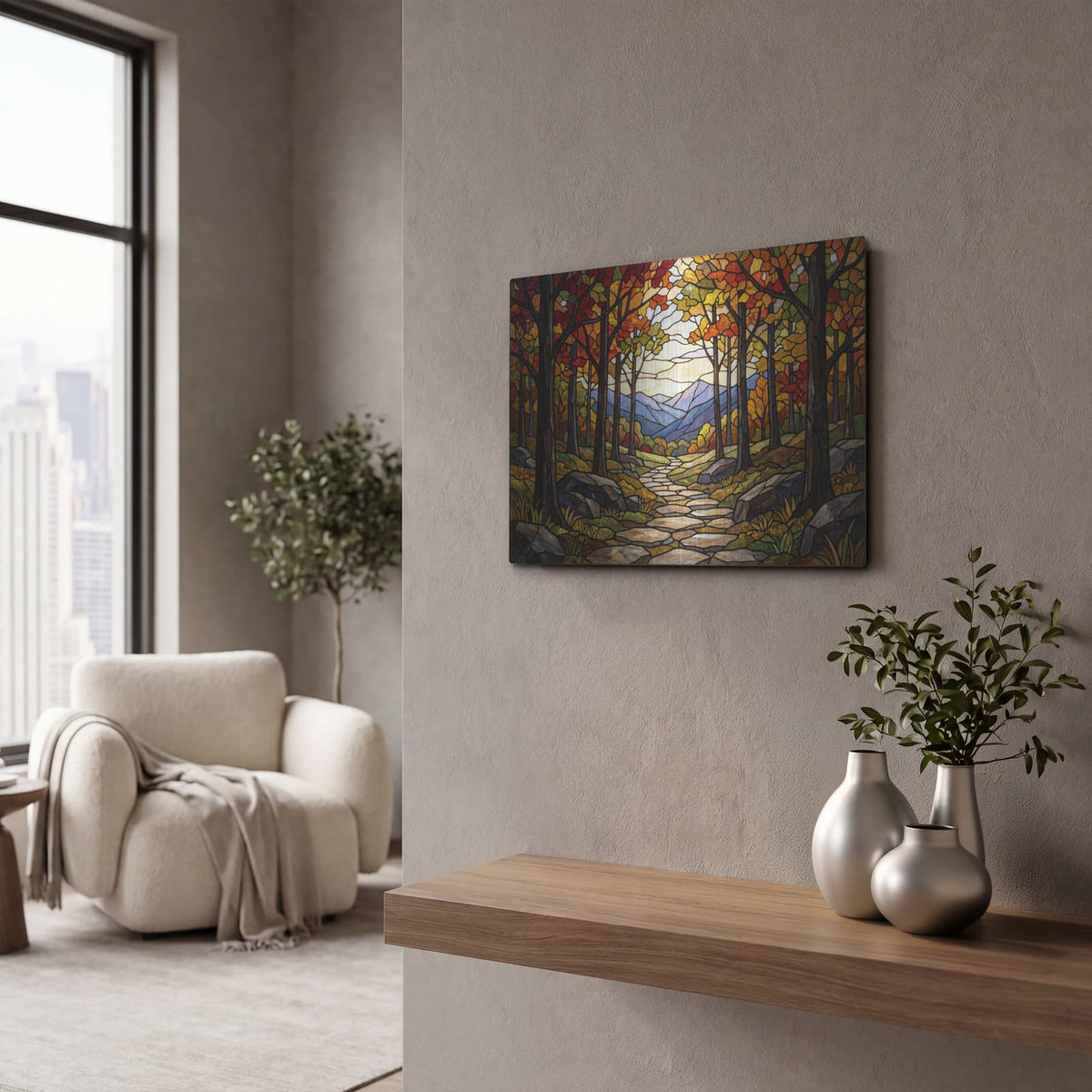 'Stained Glass Style Autumn Woodland Path' by Veve – Metal Wall Art, 16x12 room view