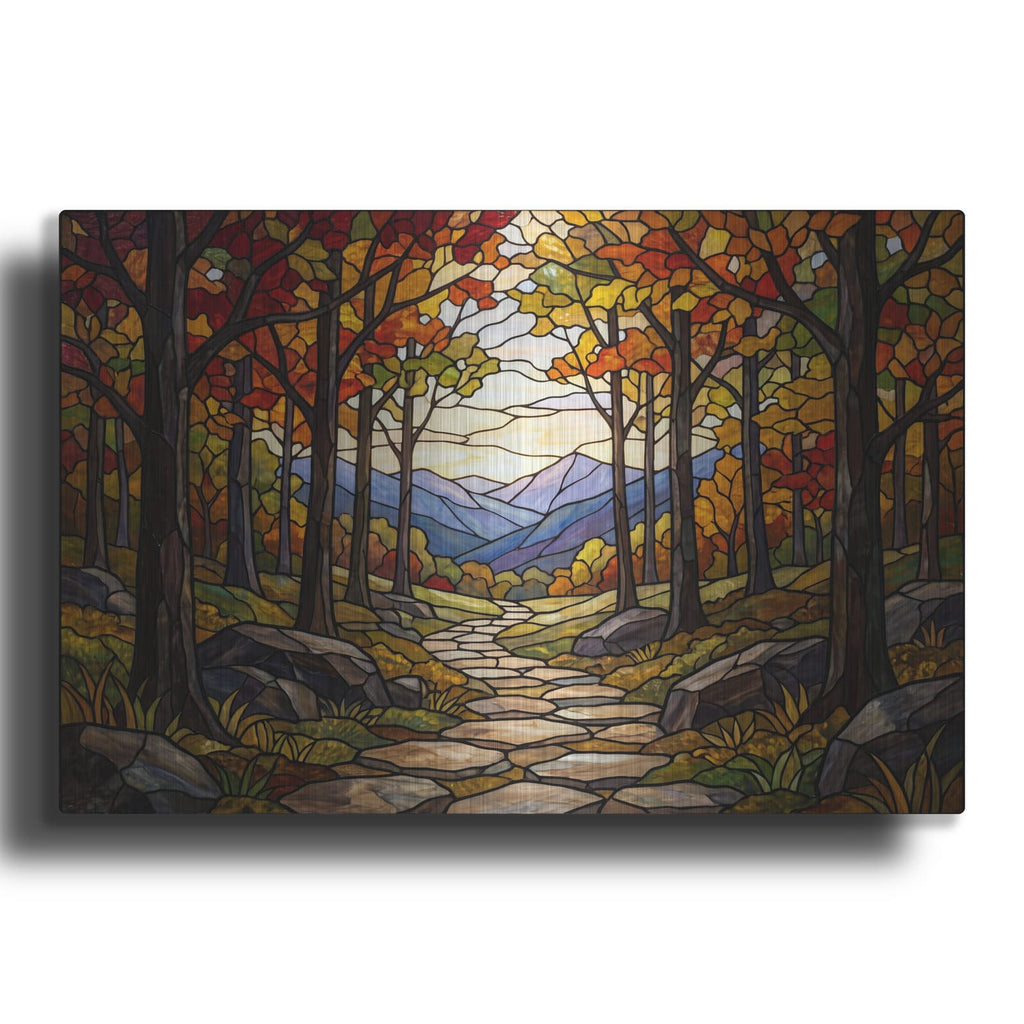 'Stained Glass Style Autumn Woodland Path' by Veve – Metal Wall Art