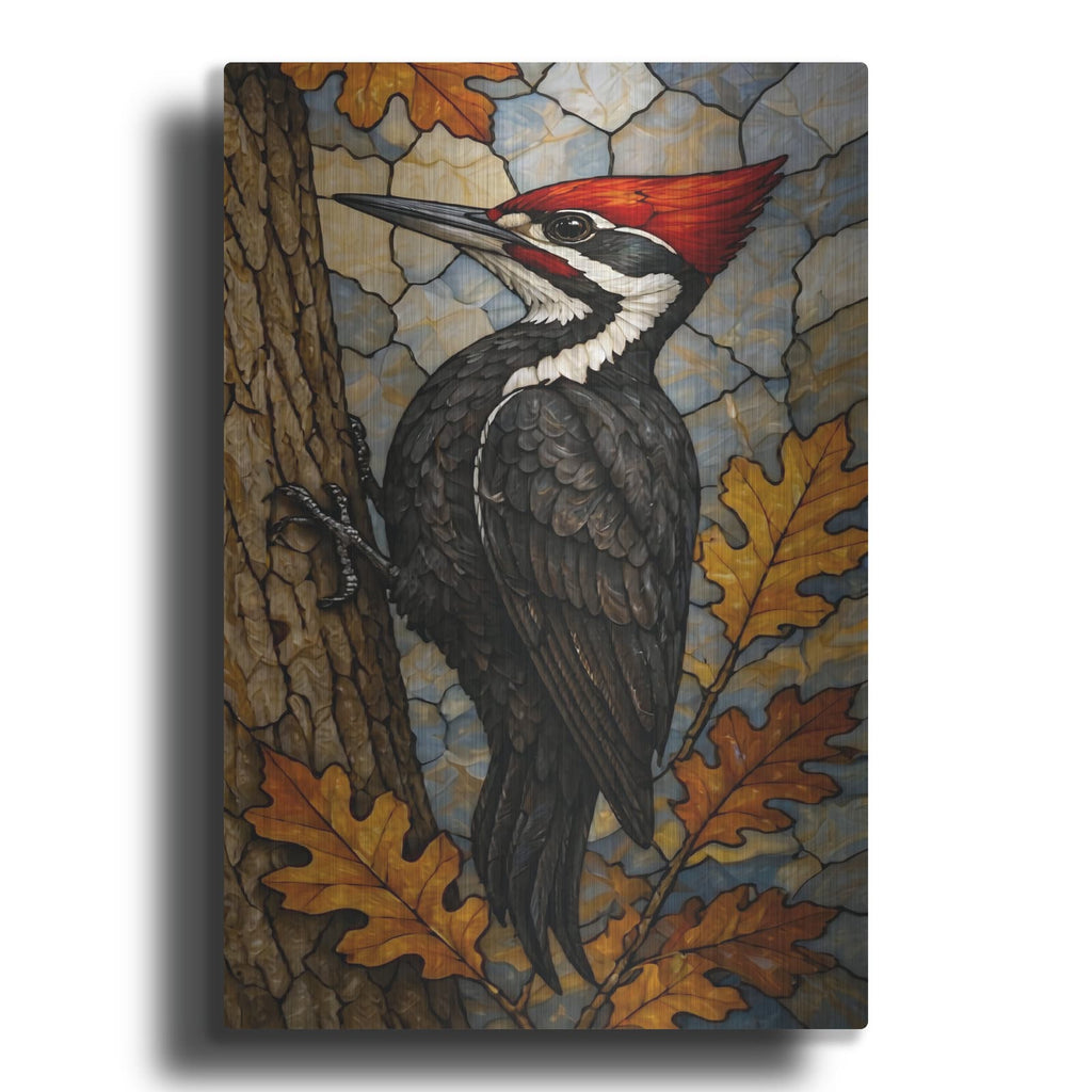 'Stained Glass Style Autumn Woodpecker' by Veve – Metal Wall Art