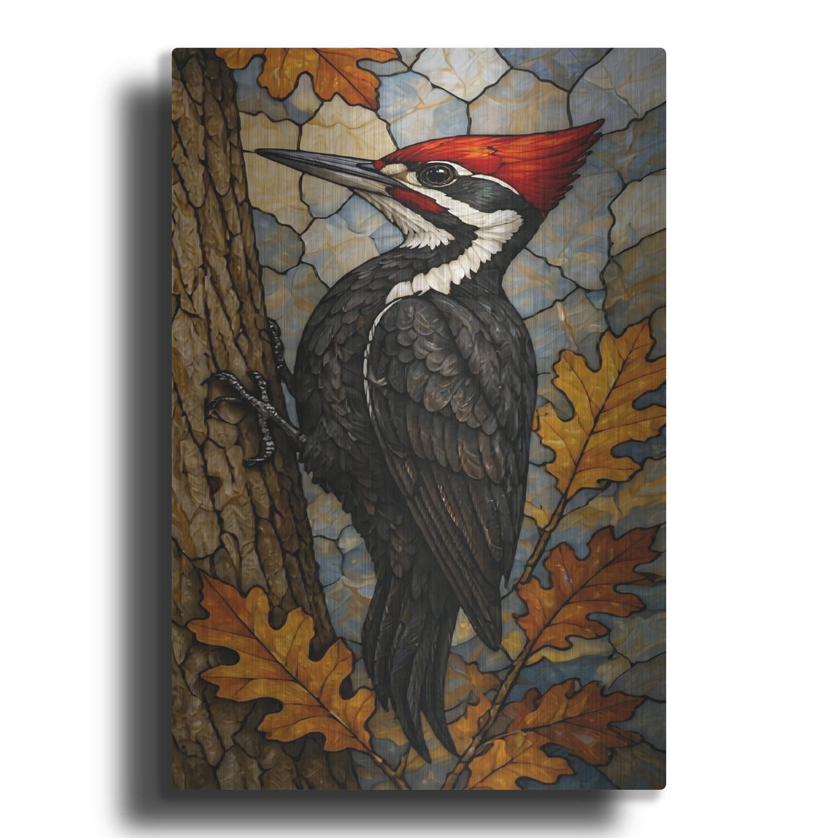 'Stained Glass Style Autumn Woodpecker' by Veve – Metal Wall Art