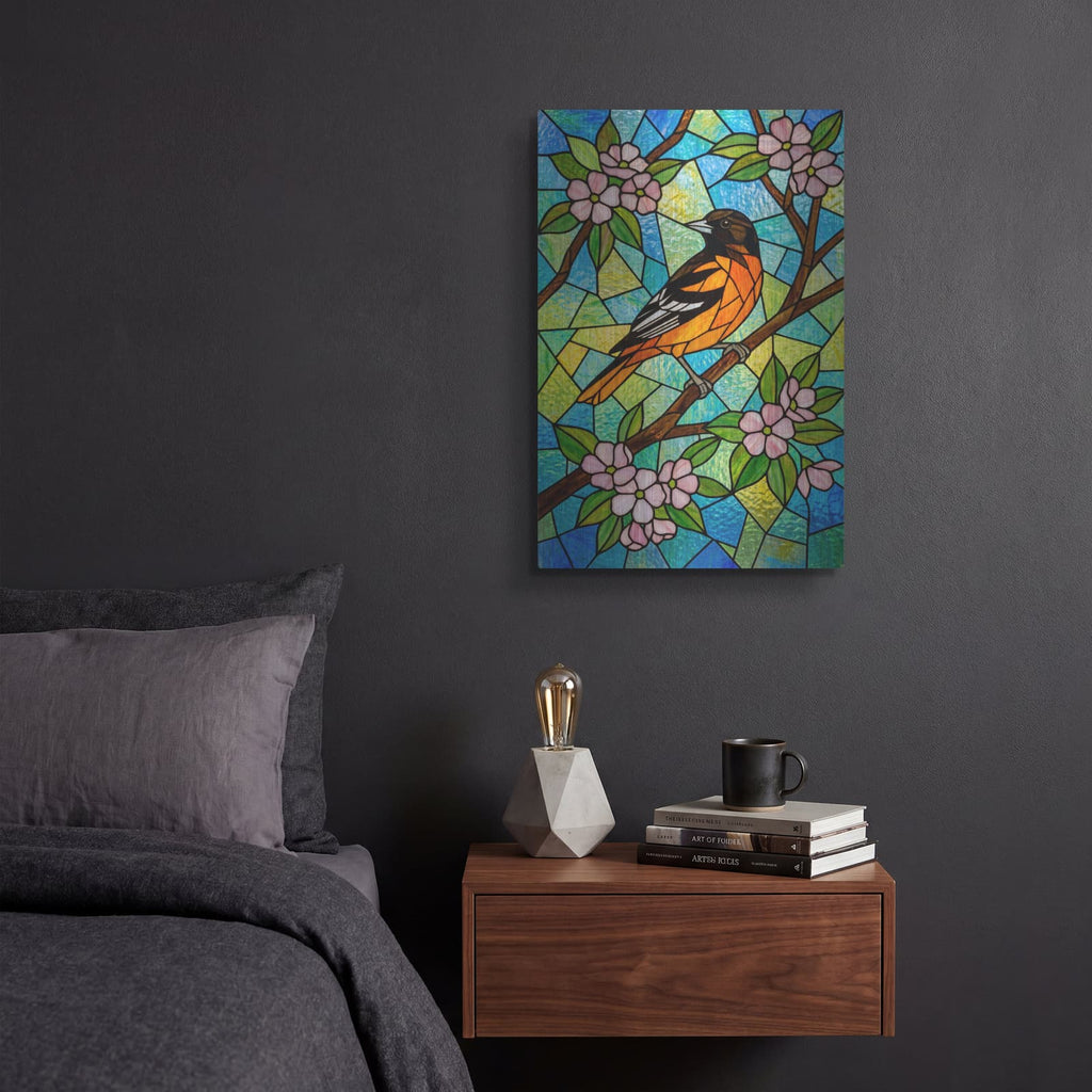 'Stained Glass Style Baltimore Oriole' by Veve – Metal Wall Art, 12x16 room view