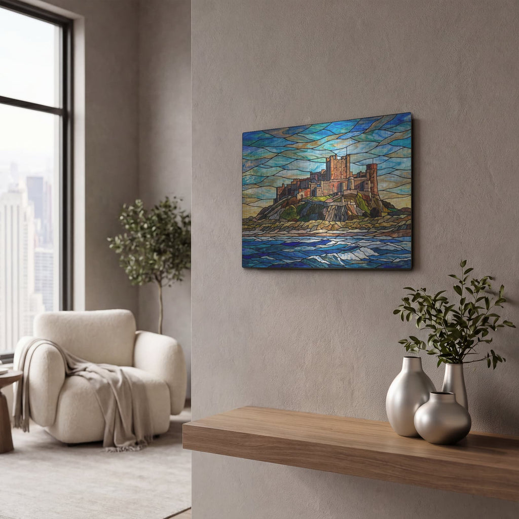 'Stained Glass Style Bamburgh Castle' by Veve – Metal Wall Art, 16x12 room view