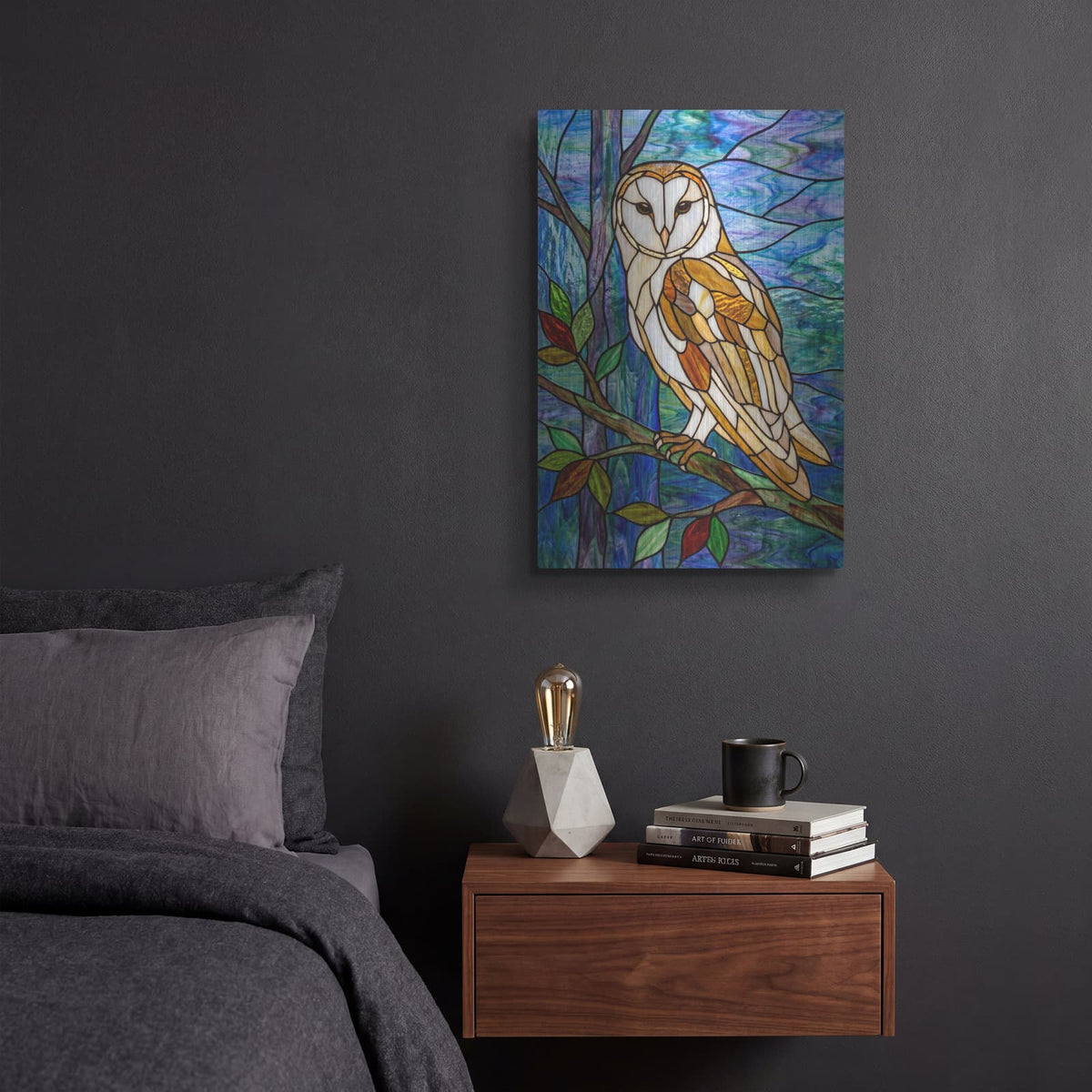 'Stained Glass Style Barn Owl' by Veve – Metal Wall Art, 12x16 room view