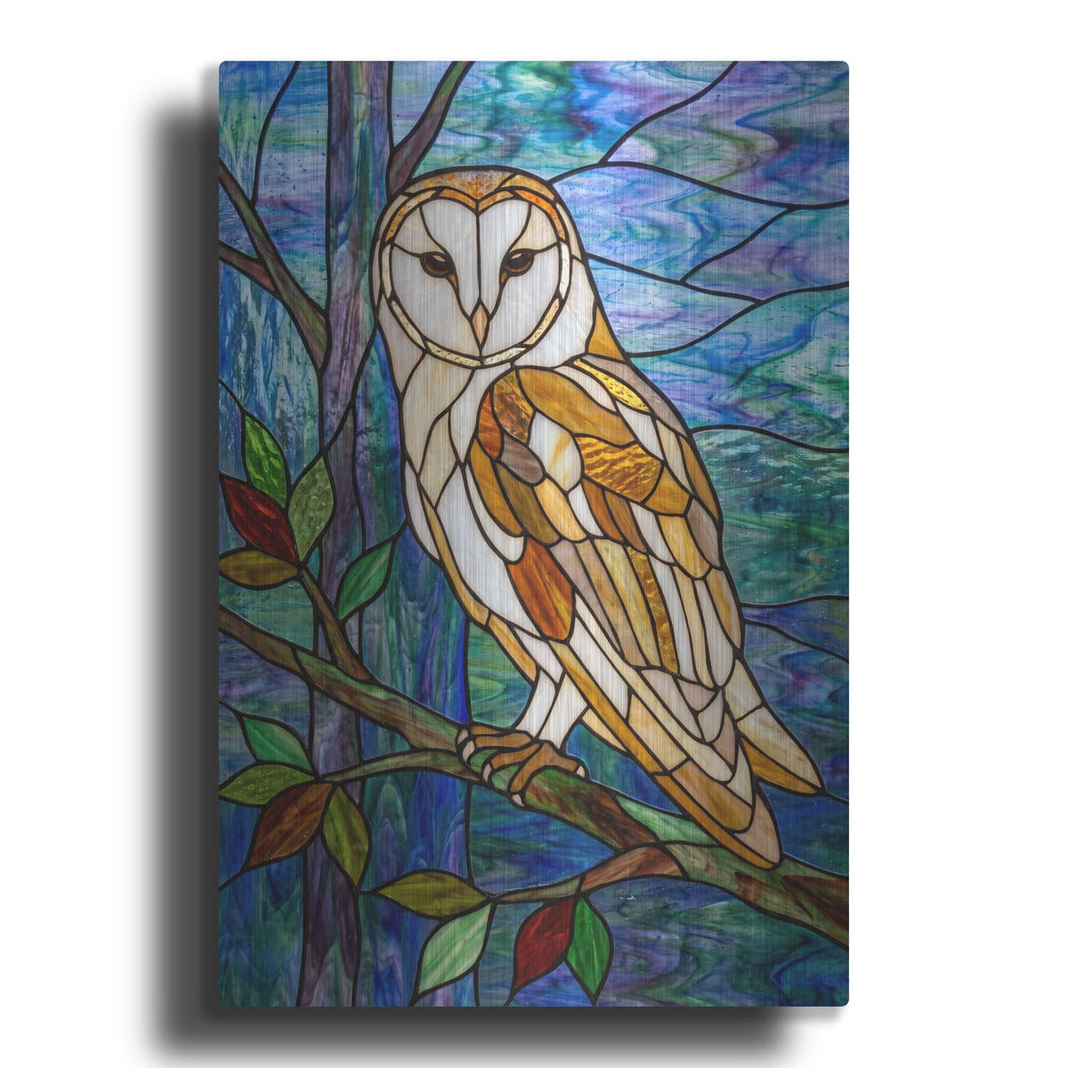 'Stained Glass Style Barn Owl' by Veve – Metal Wall Art