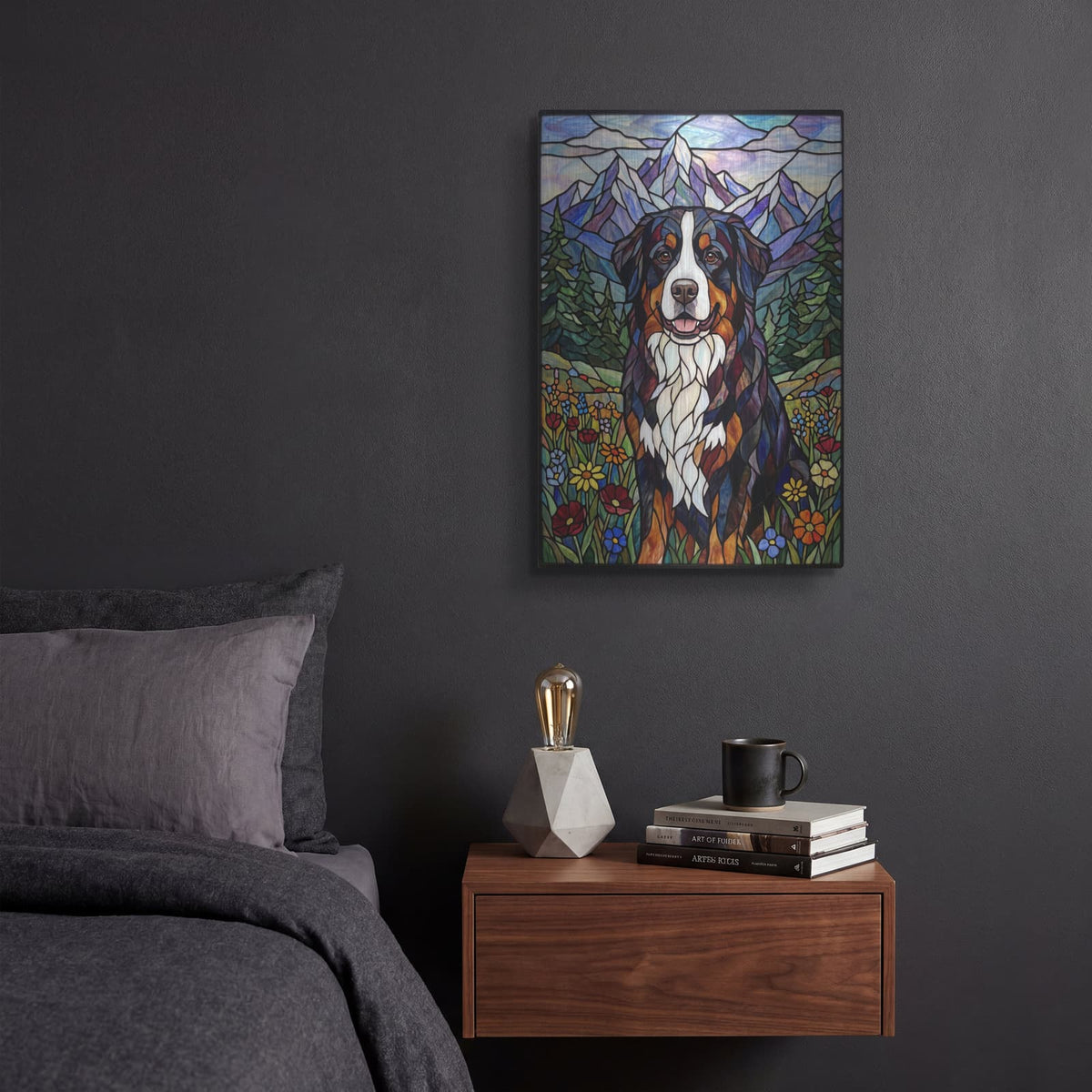 'Stained Glass Style Bernese Mountain Dog' by Veve – Metal Wall Art, 12x16 room view
