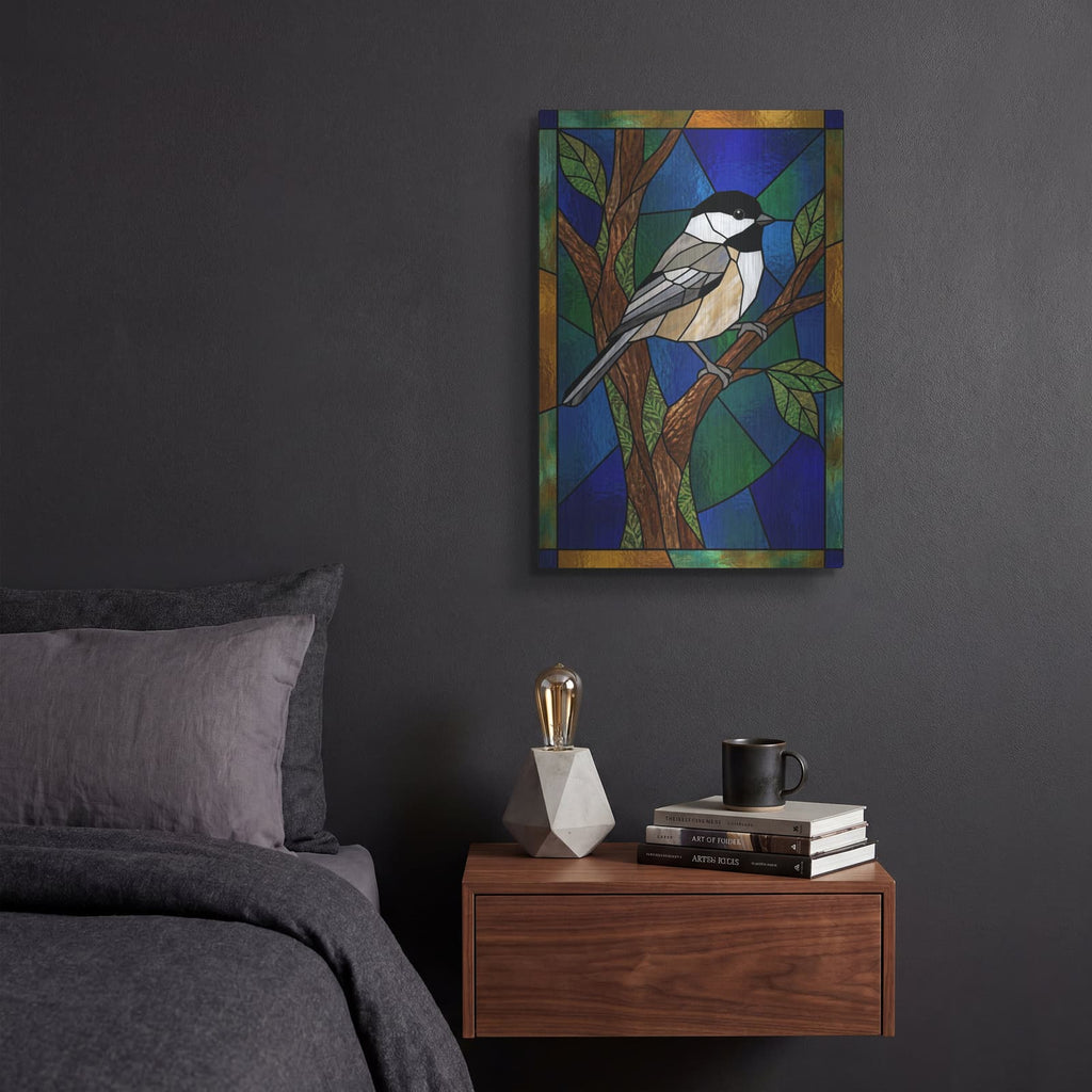 'Stained Glass Style Black Capped Chickadee' by Veve – Metal Wall Art, 12x16 room view