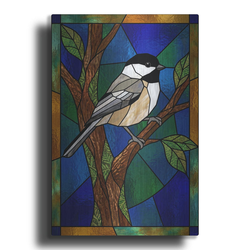 'Stained Glass Style Black Capped Chickadee' by Veve – Metal Wall Art