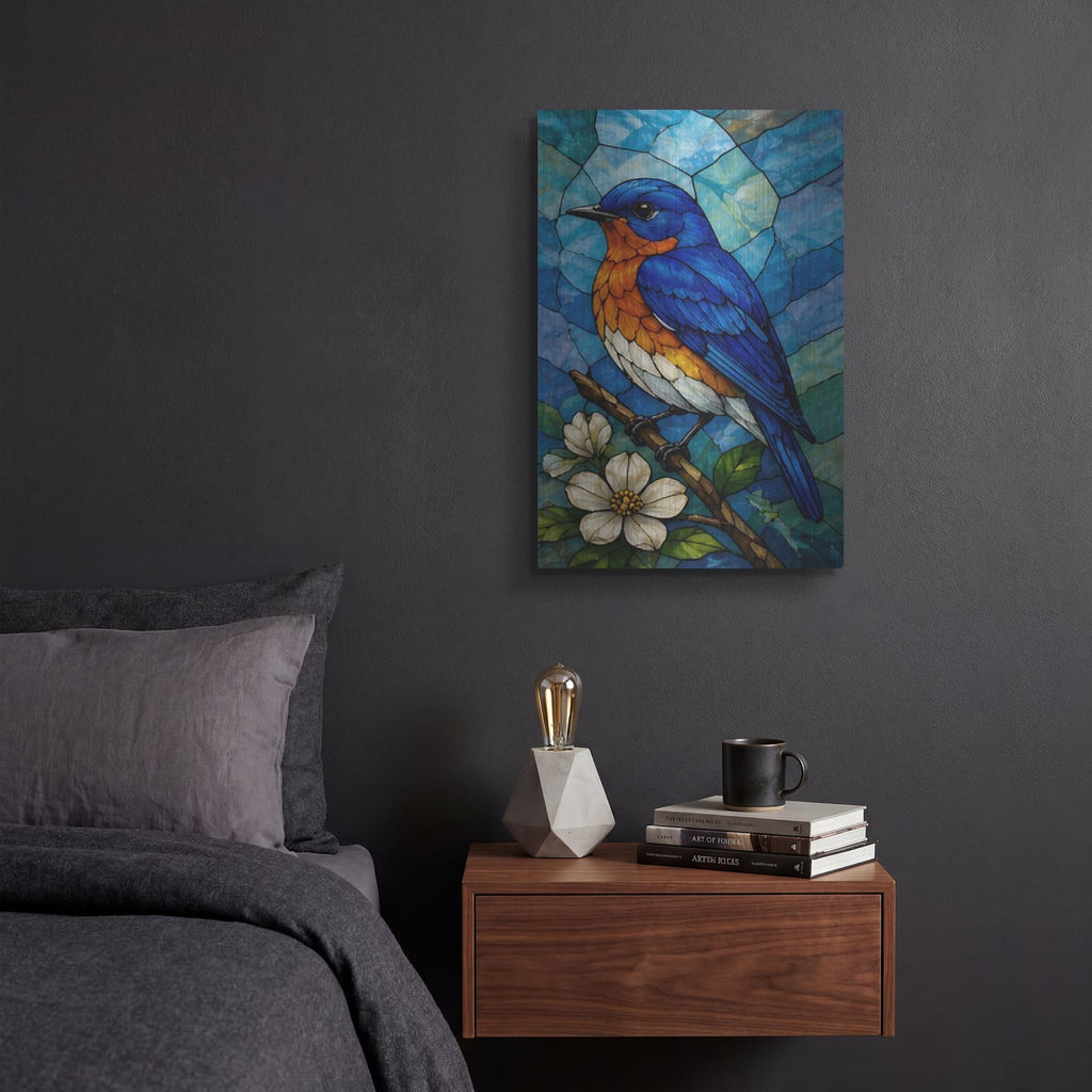 'Stained Glass Style Blue Bird' by Veve – Metal Wall Art, 12x16 room view
