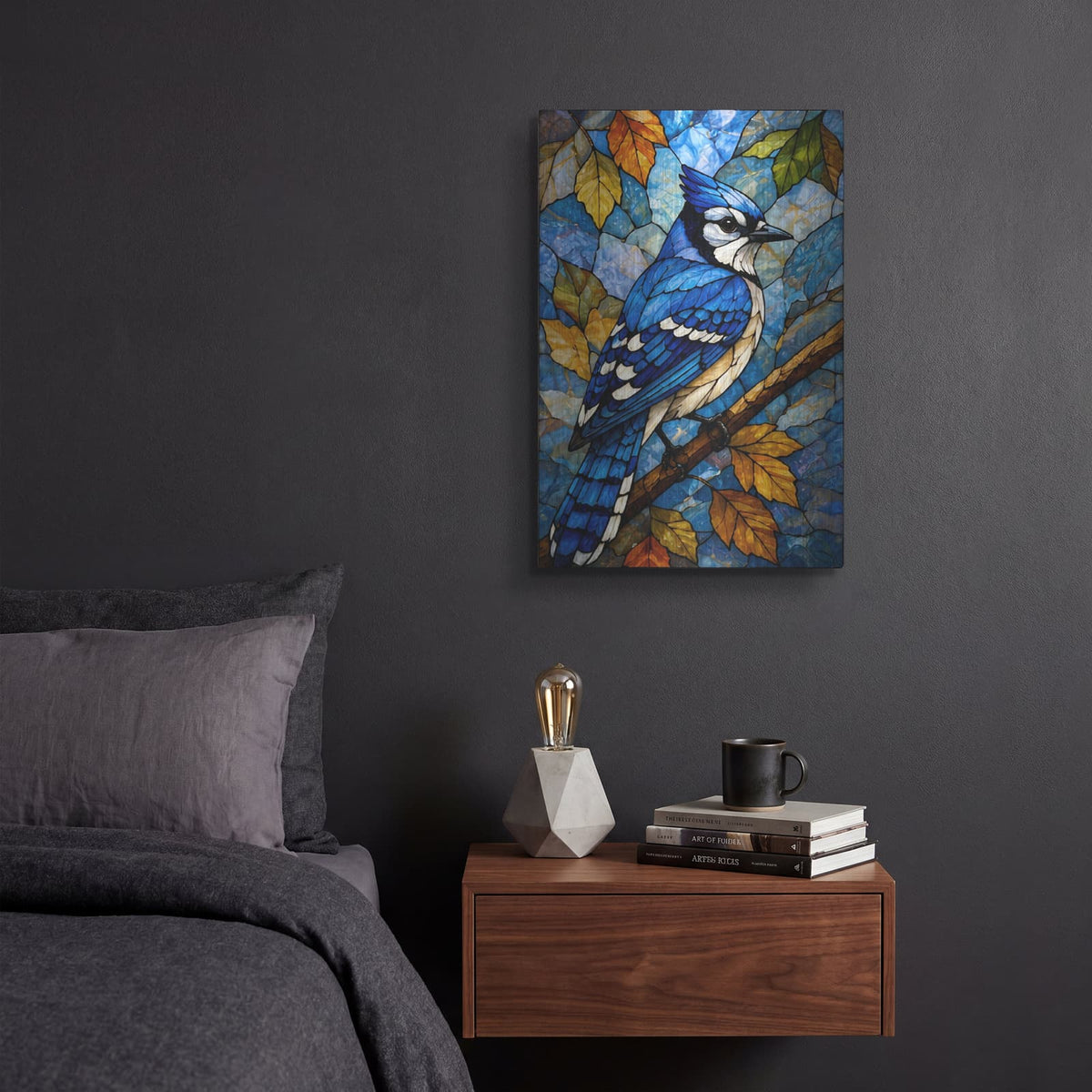 'Stained Glass Style Blue Jay I' by Veve – Metal Wall Art, 12x16 room view
