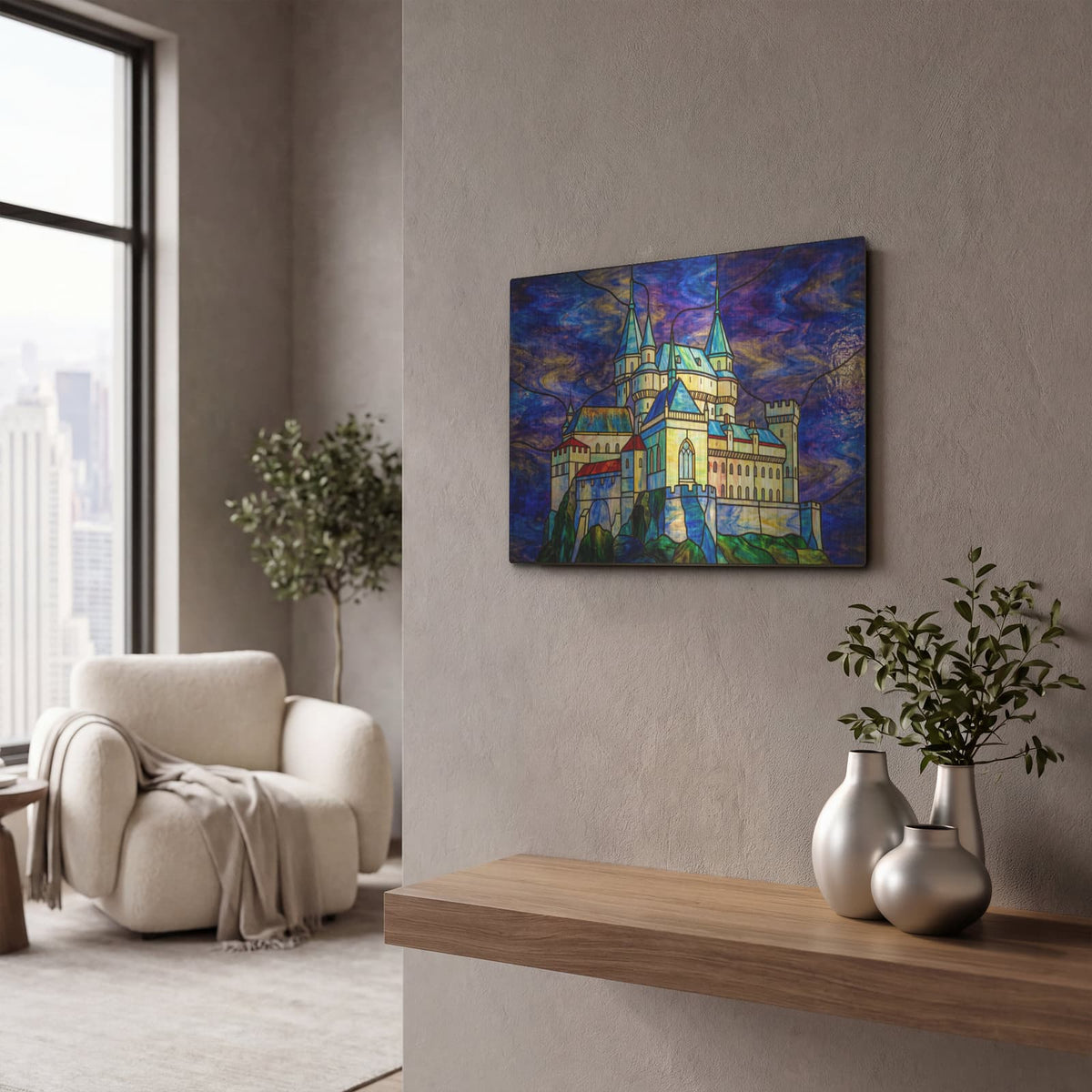 'Stained Glass Style Bojnice Castle I' by Veve – Metal Wall Art, 16x12 room view