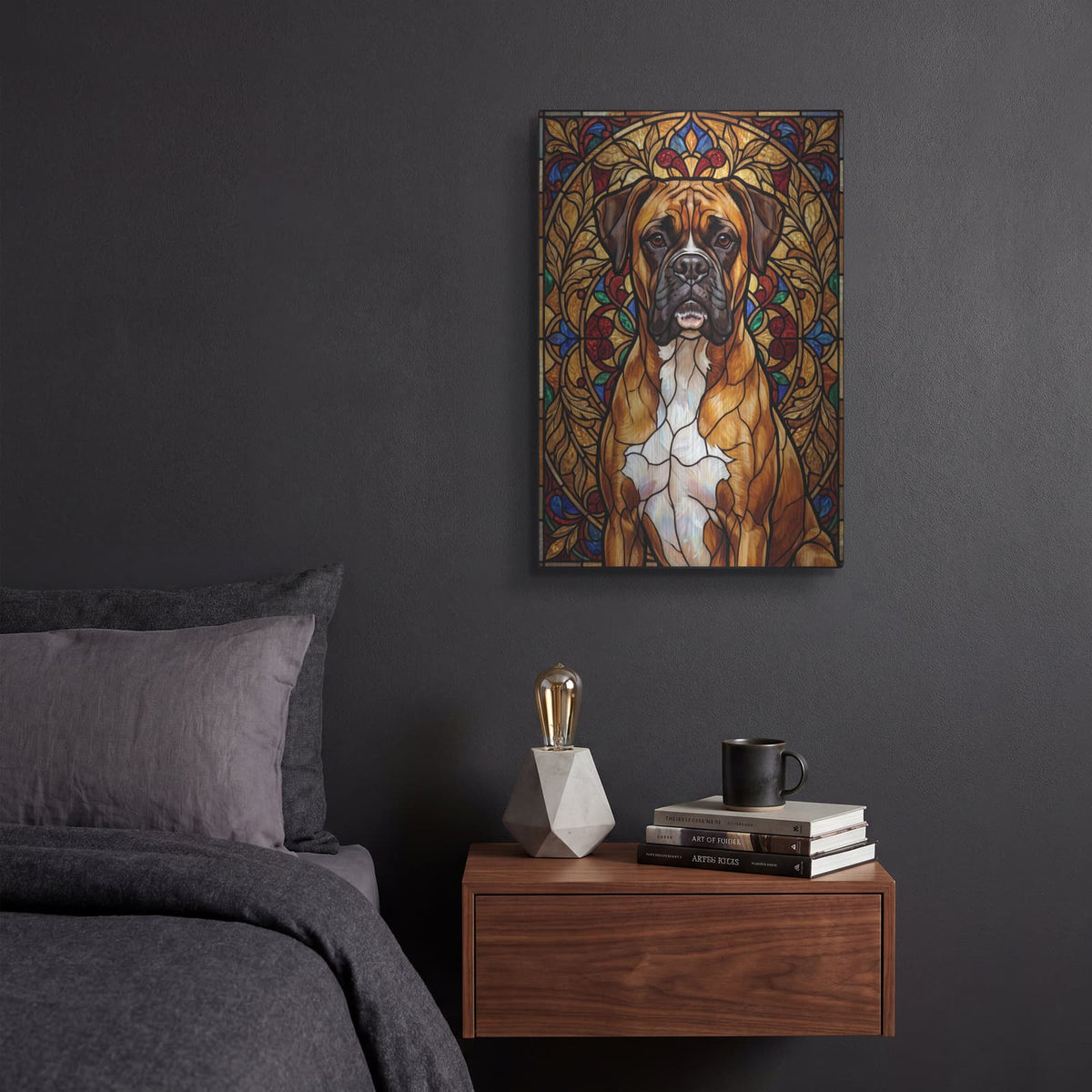 'Stained Glass Style Boxer' by Veve – Metal Wall Art, 12x16 room view
