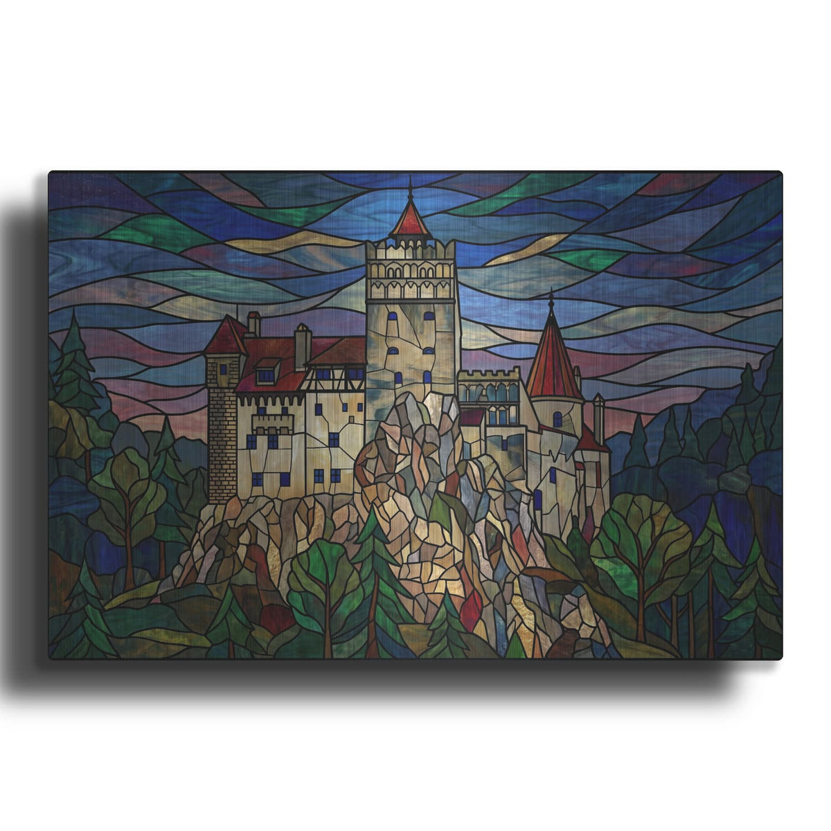 'Stained Glass Style Bran Castle I' by Veve – Metal Wall Art