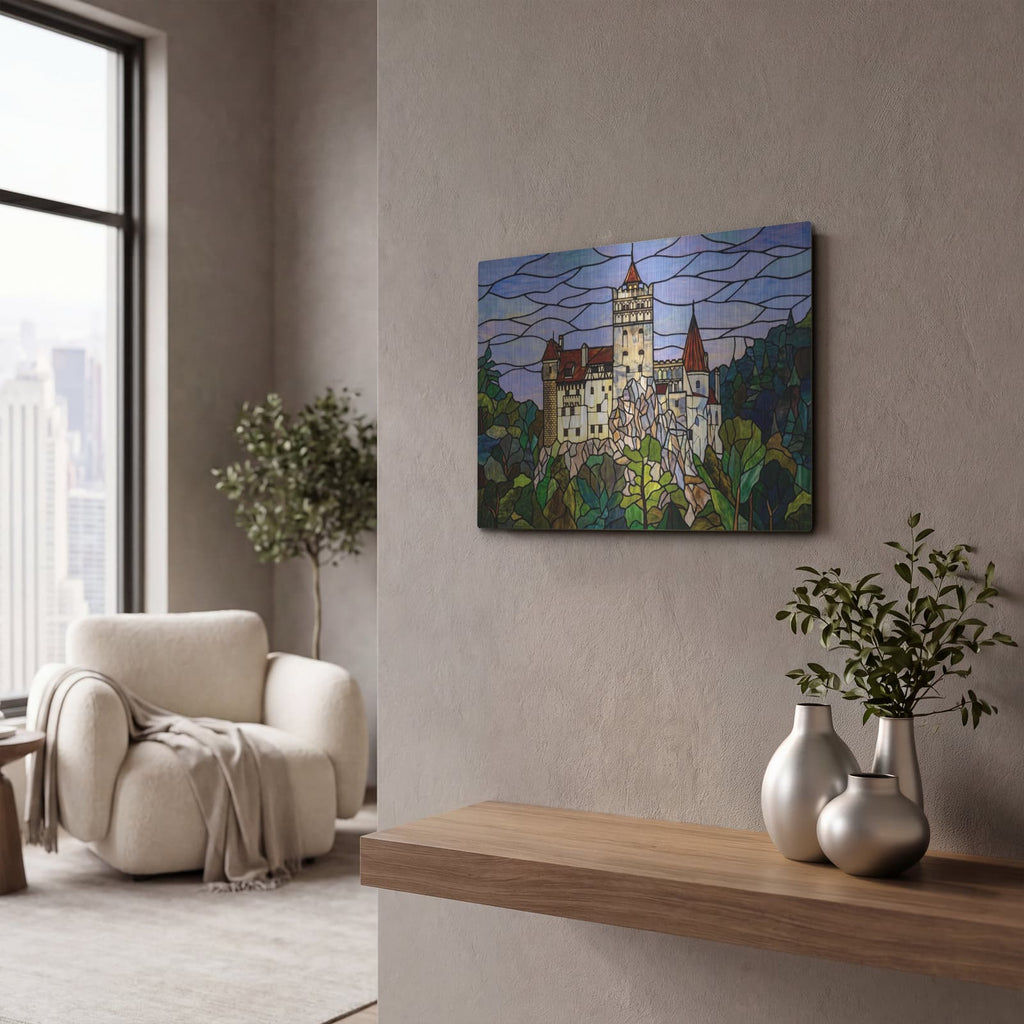 'Stained Glass Style Bran Castle II' by Veve – Metal Wall Art, 16x12 room view