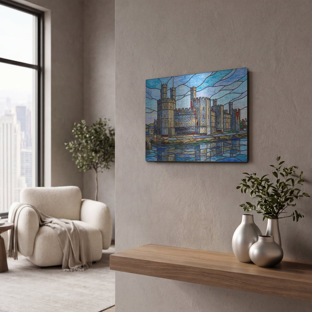 'Stained Glass Style Caernarfon Castle' by Veve – Metal Wall Art, 16x12 room view