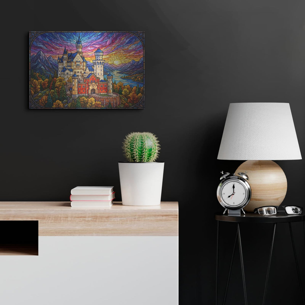 'Stained Glass Style Castle At Sunrise' by Veve – Metal Wall Art, 24x16 room view