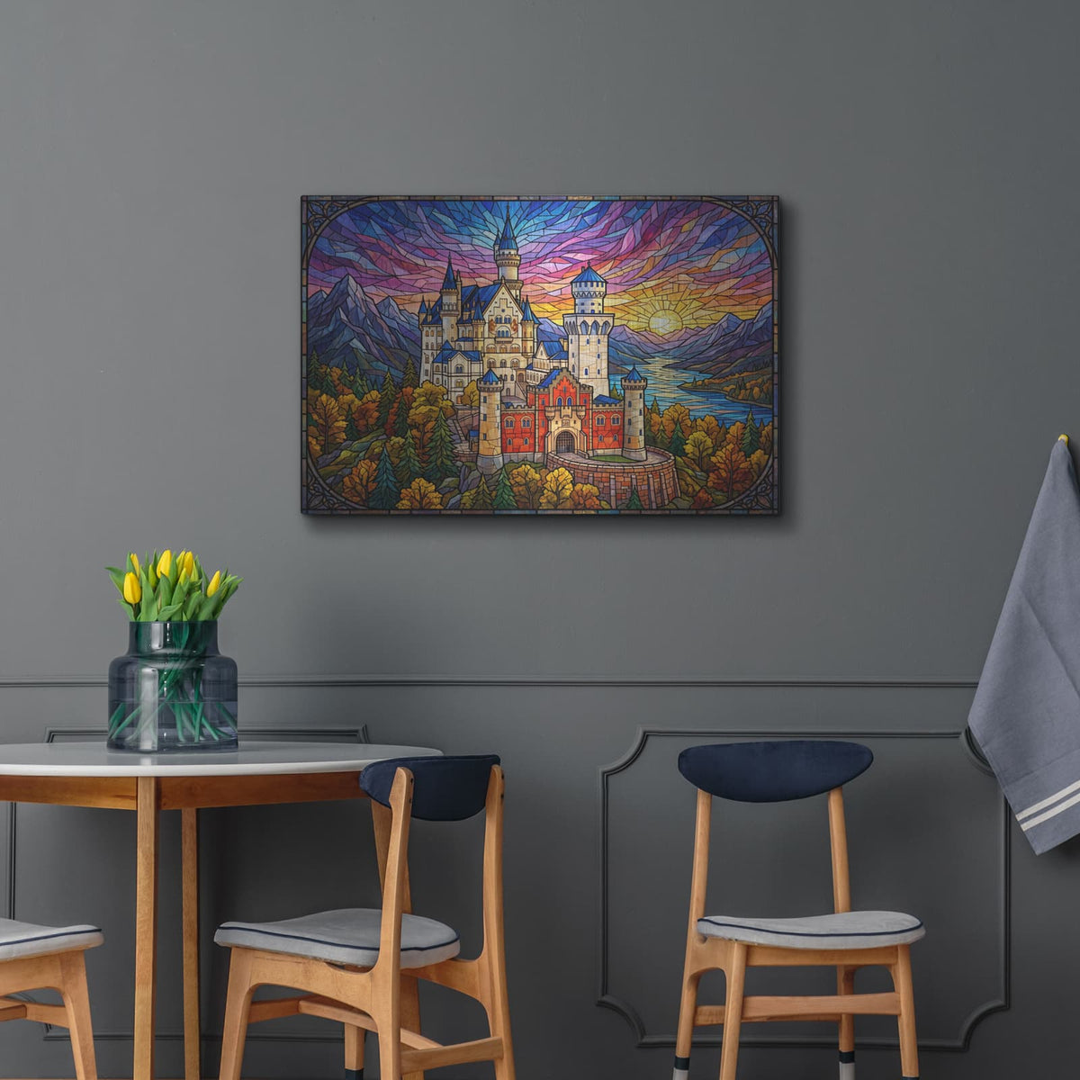 'Stained Glass Style Castle At Sunrise' by Veve – Metal Wall Art, 36x24 room view