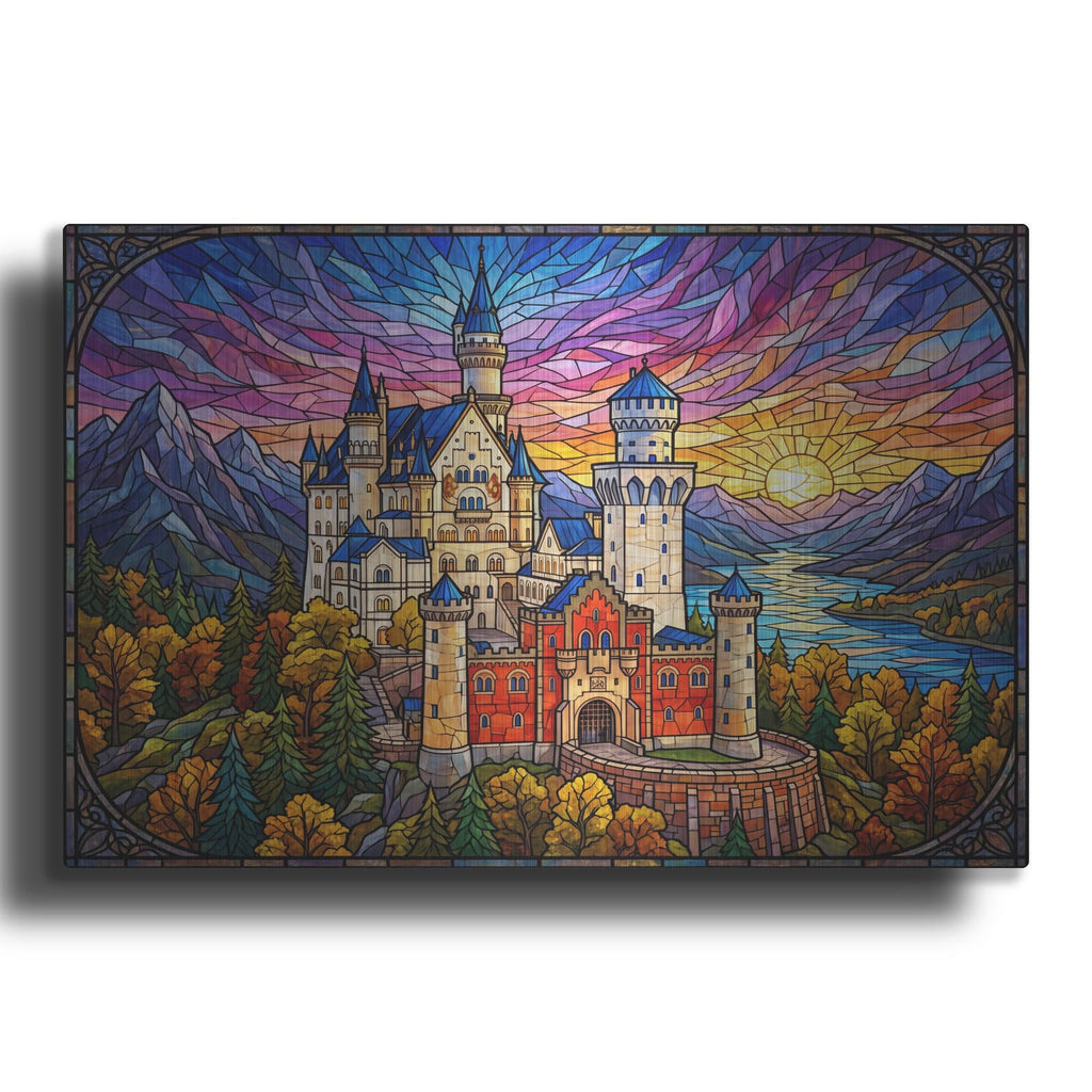 'Stained Glass Style Castle At Sunrise' by Veve – Metal Wall Art