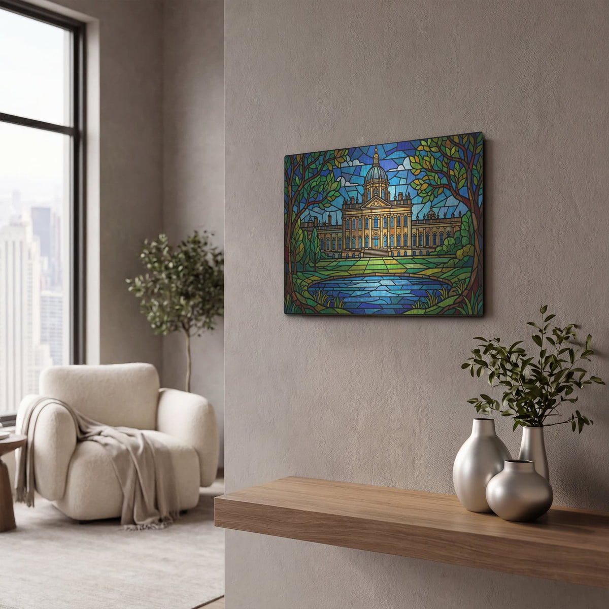 'Stained Glass Style Castle Howard II' by Veve – Metal Wall Art, 16x12 room view