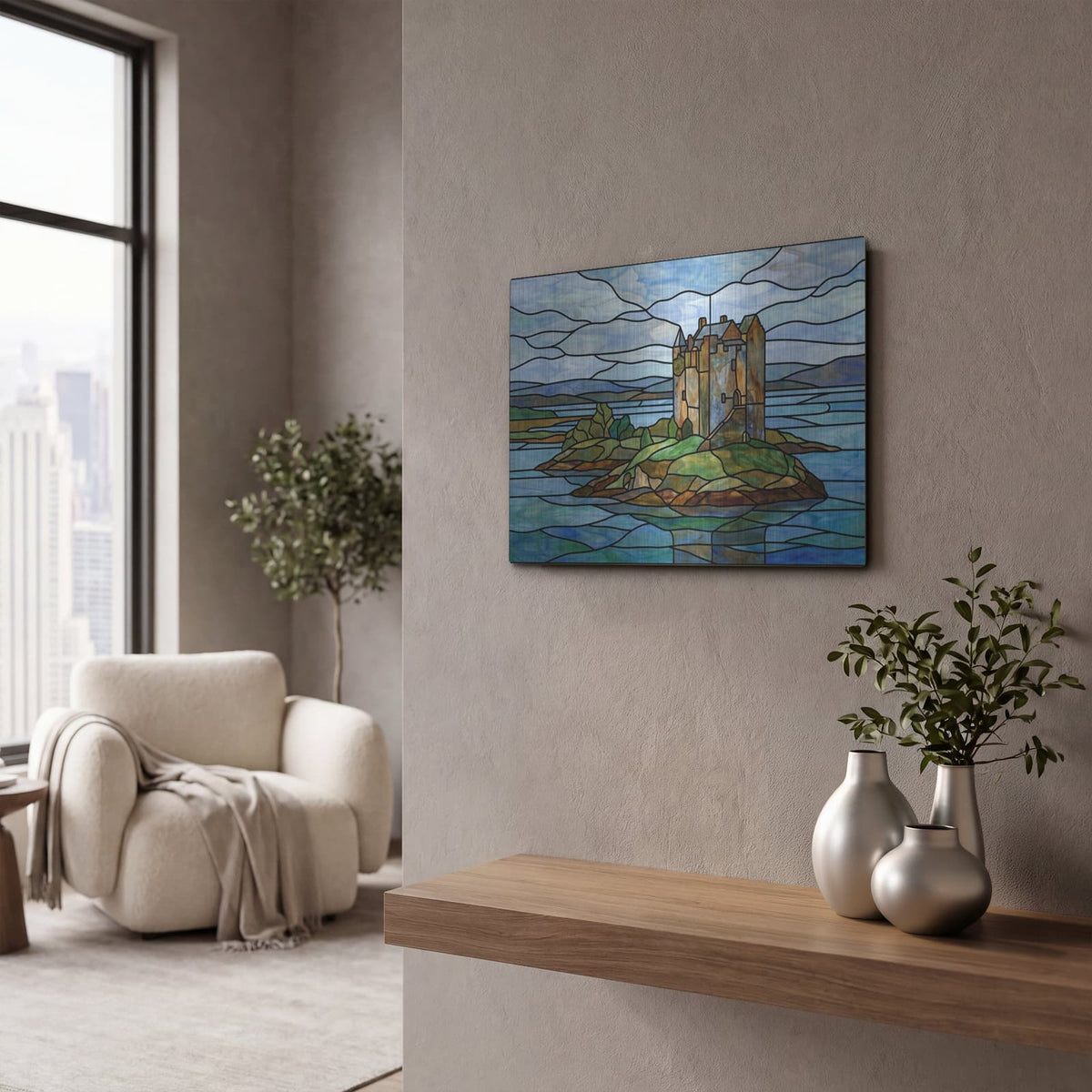 'Stained Glass Style Castle Stalker II' by Veve – Metal Wall Art, 16x12 room view